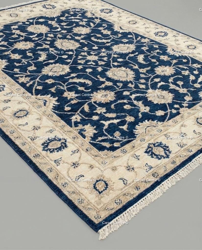 Navy Blue Oushak Rug, Hand-Knotted Wool, Ivory Floral Turkish Knot