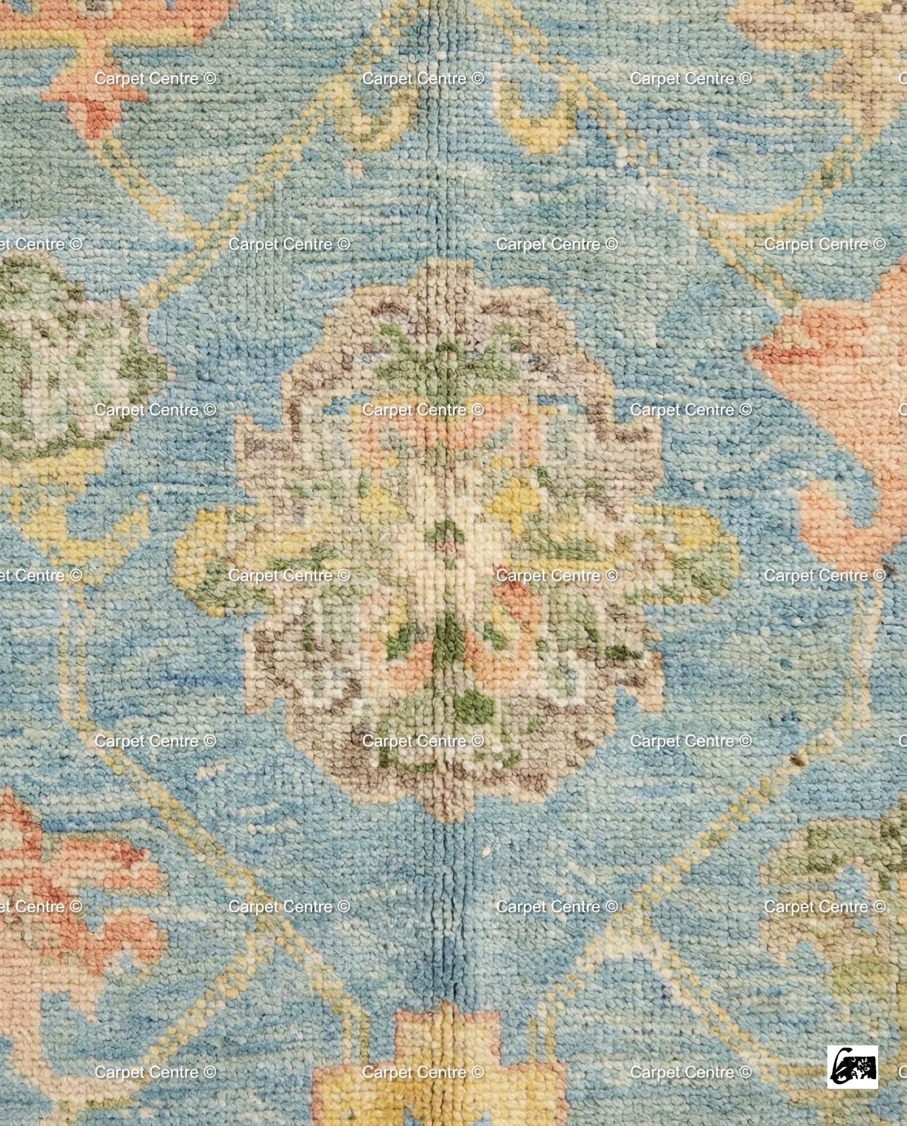 Handmade Sky Blue Oushak Wool Rug, Turkish Knot, Coastal Farmhouse Decor