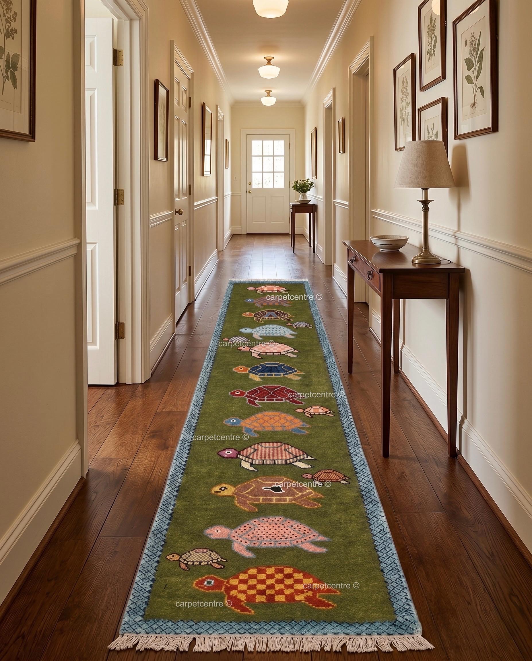 Handmade Wool Turtle Runner Rug – Olive Green Tortoise Design Hallway Carpet