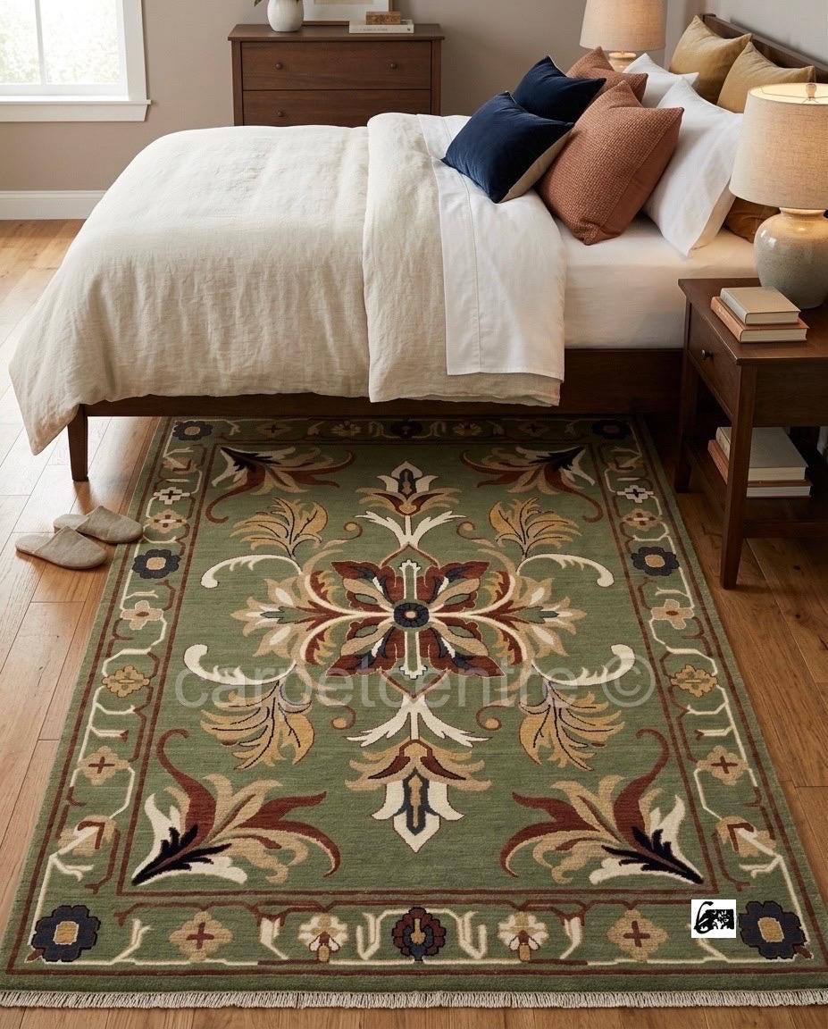 Hand-Knotted Sage Green Oushak Rug | Traditional Turkish Wool Medallion Carpet