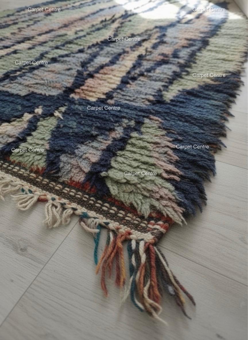 Handmade Moroccan Shag Rug, Navy Blue, Sage Green, Wool Tulu Rug