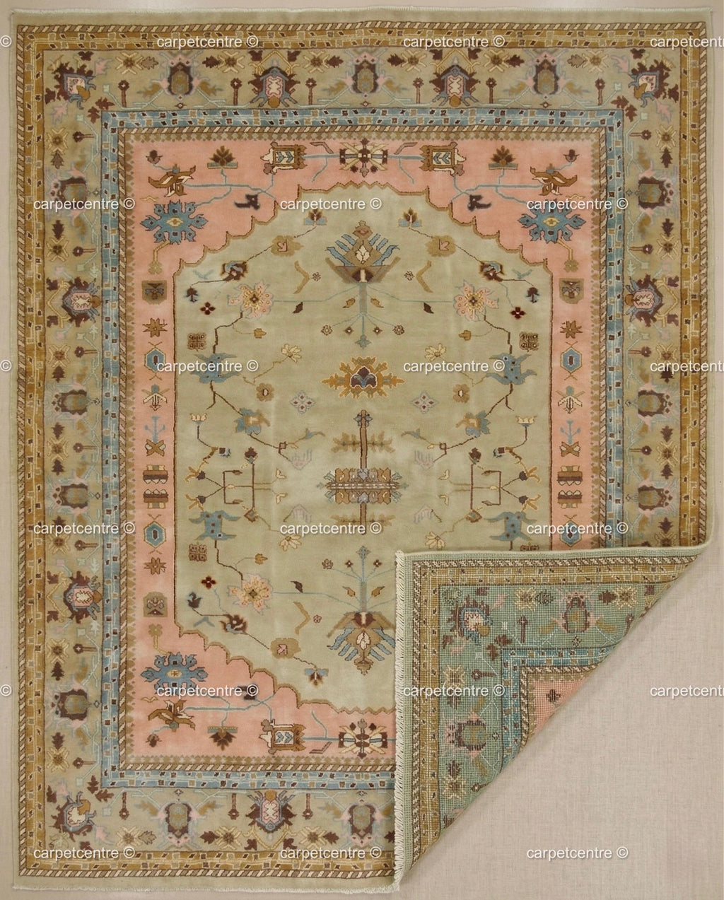 Sage Green Oushak Rug, Muted Peach Floral Geometric Carpet, Boho Nursery Bedroom Decor