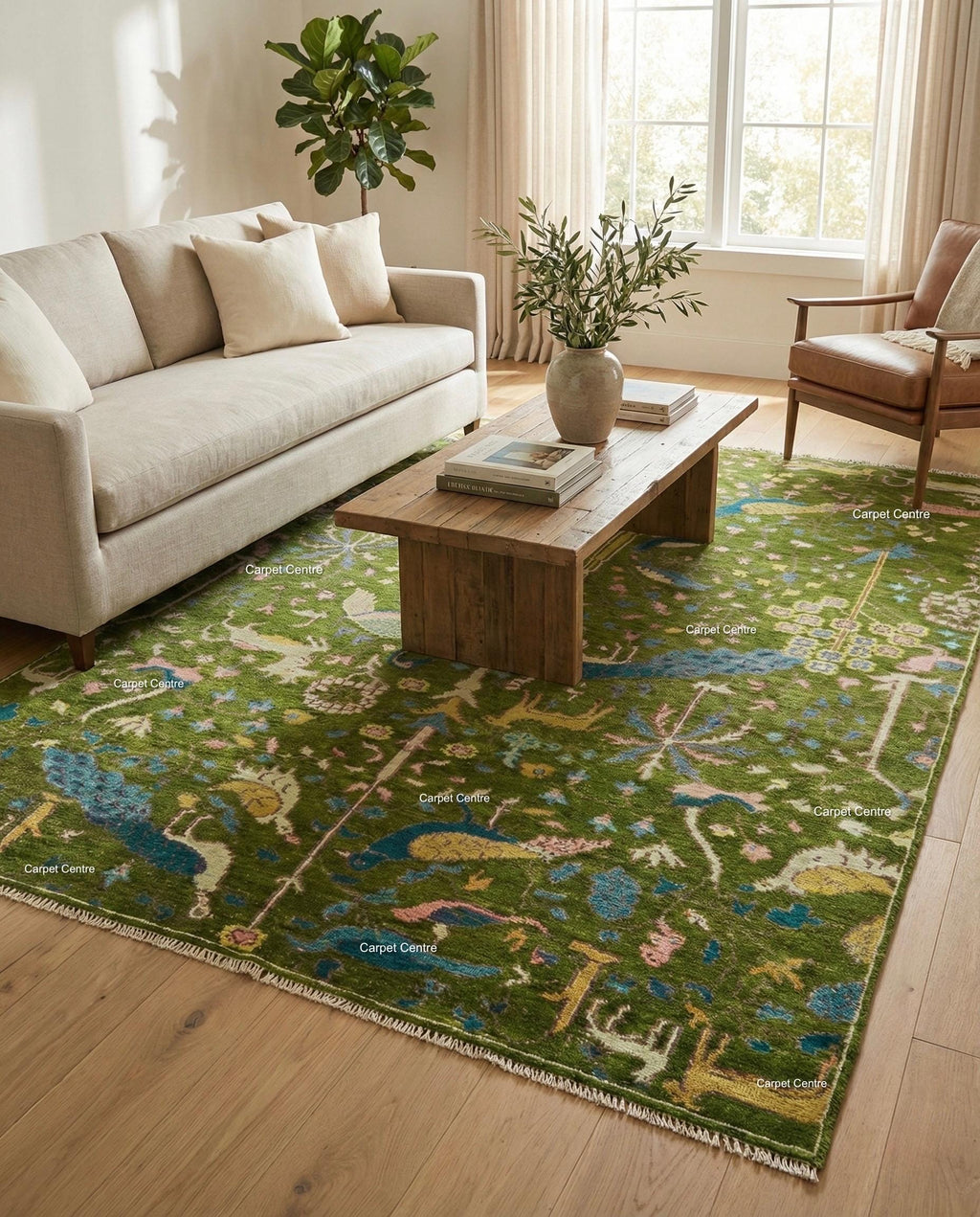 Green Peacock Oushak Rug – Hand Knotted Wool Turkish Rug, 8x10 ft