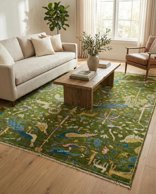 Green Peacock Oushak Rug – Hand Knotted Wool Turkish Rug, 8x10 ft
