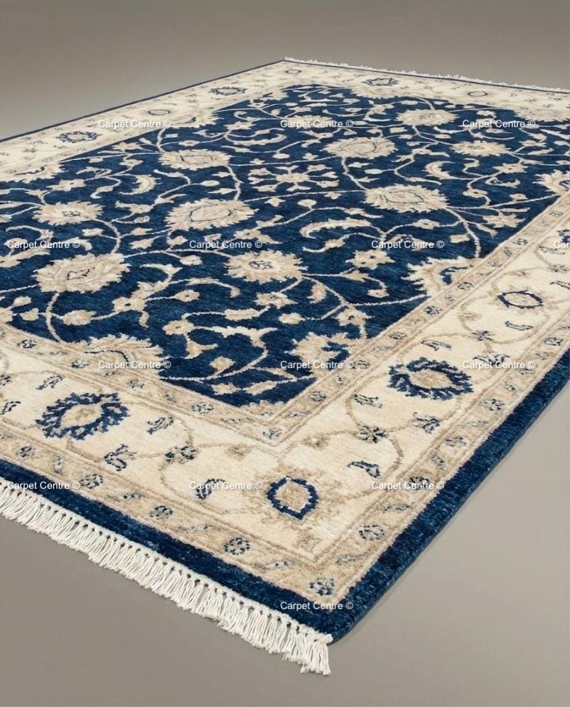 Navy Blue Oushak Rug, Hand-Knotted Wool, Ivory Floral Turkish Knot