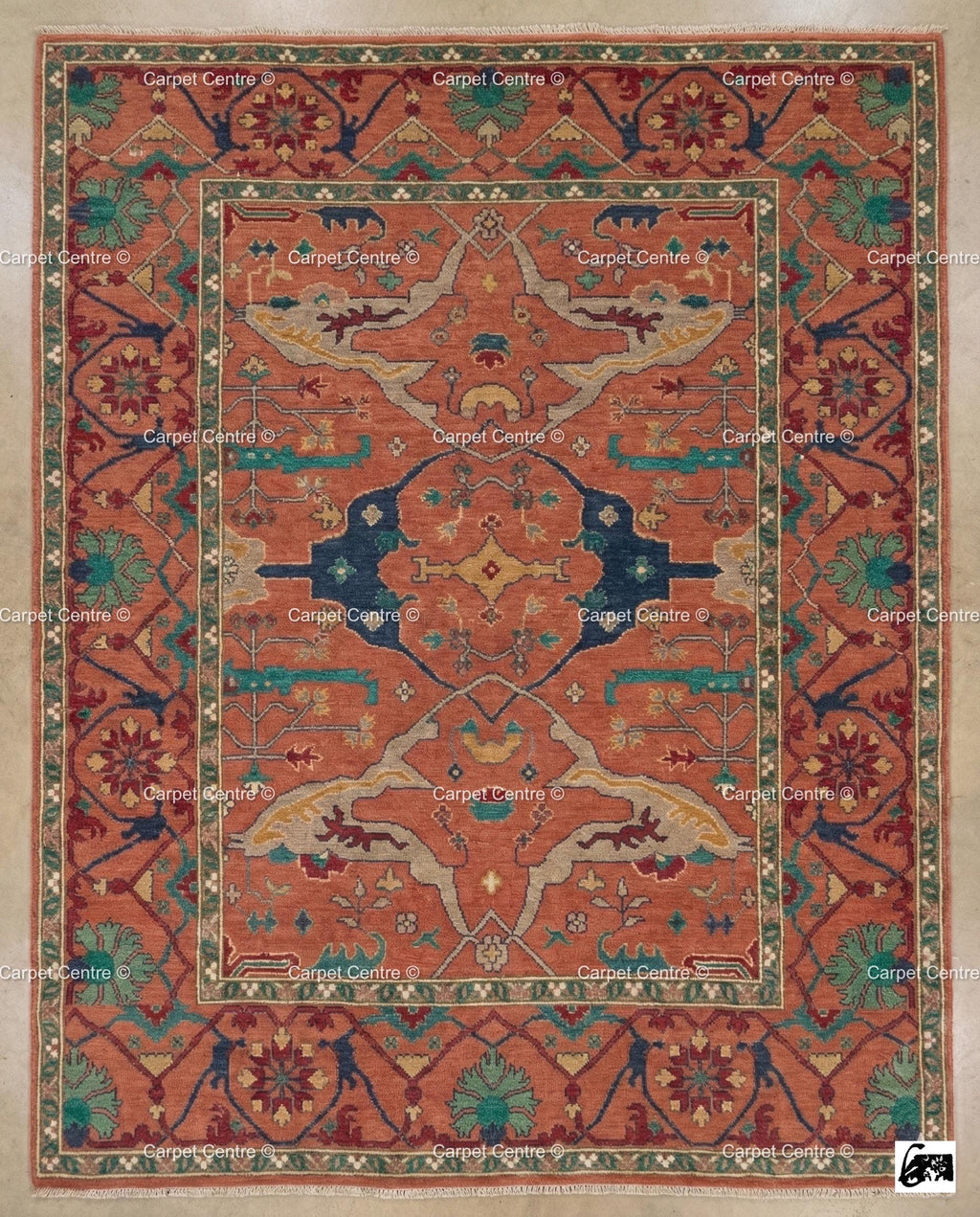 Hand Knotted Wool Oushak Rug, Beige Geometric Medallion, Turkish Knot