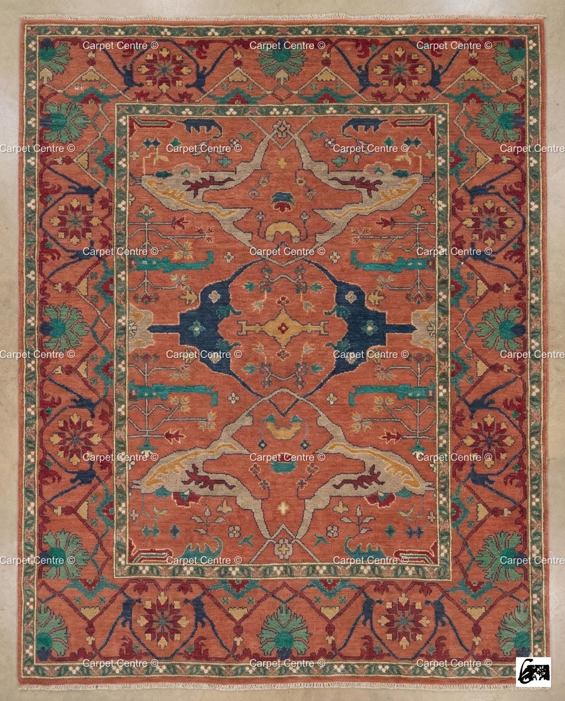 Hand Knotted Wool Oushak Rug, Beige Geometric Medallion, Turkish Knot