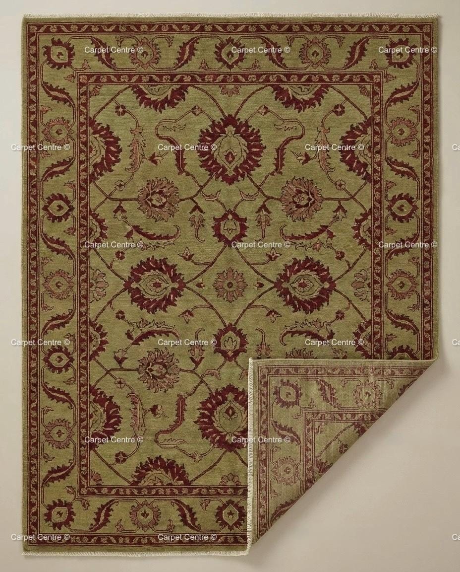 Hand-Knotted Wool Oushak Rug, Sage Green Floral, Arts & Crafts Style