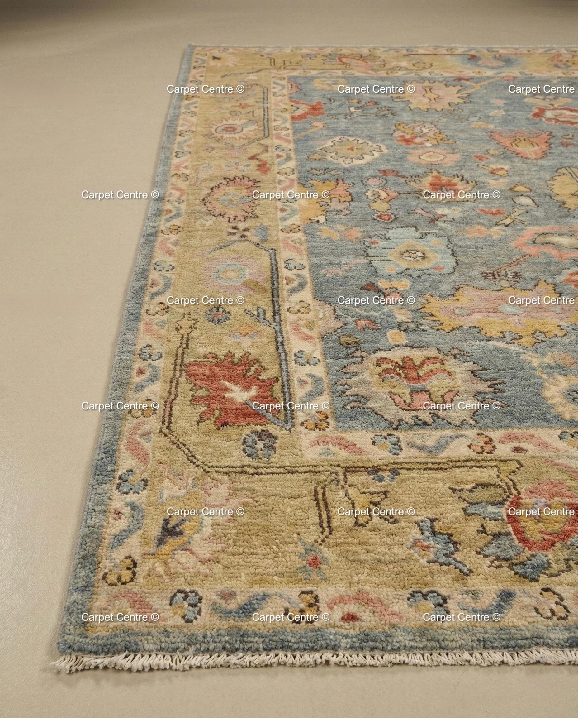 Floral Hand Knotted Oushak Wool Rug, Slate Blue & Gold