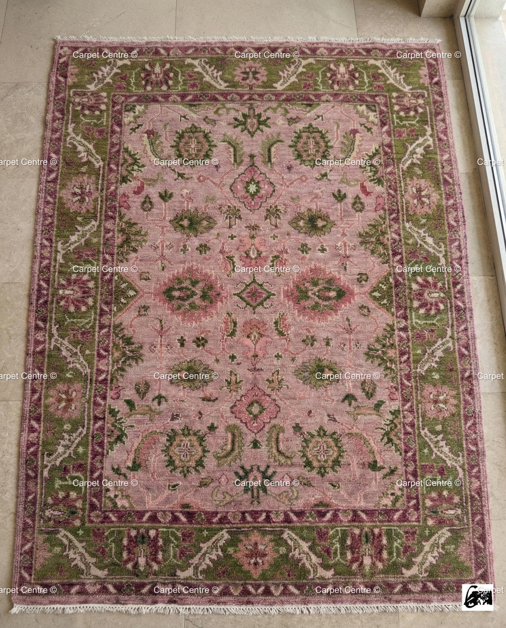Hand Knotted Wool Oushak Rug – Rose Pink, Green Border, Turkish Floral Design
