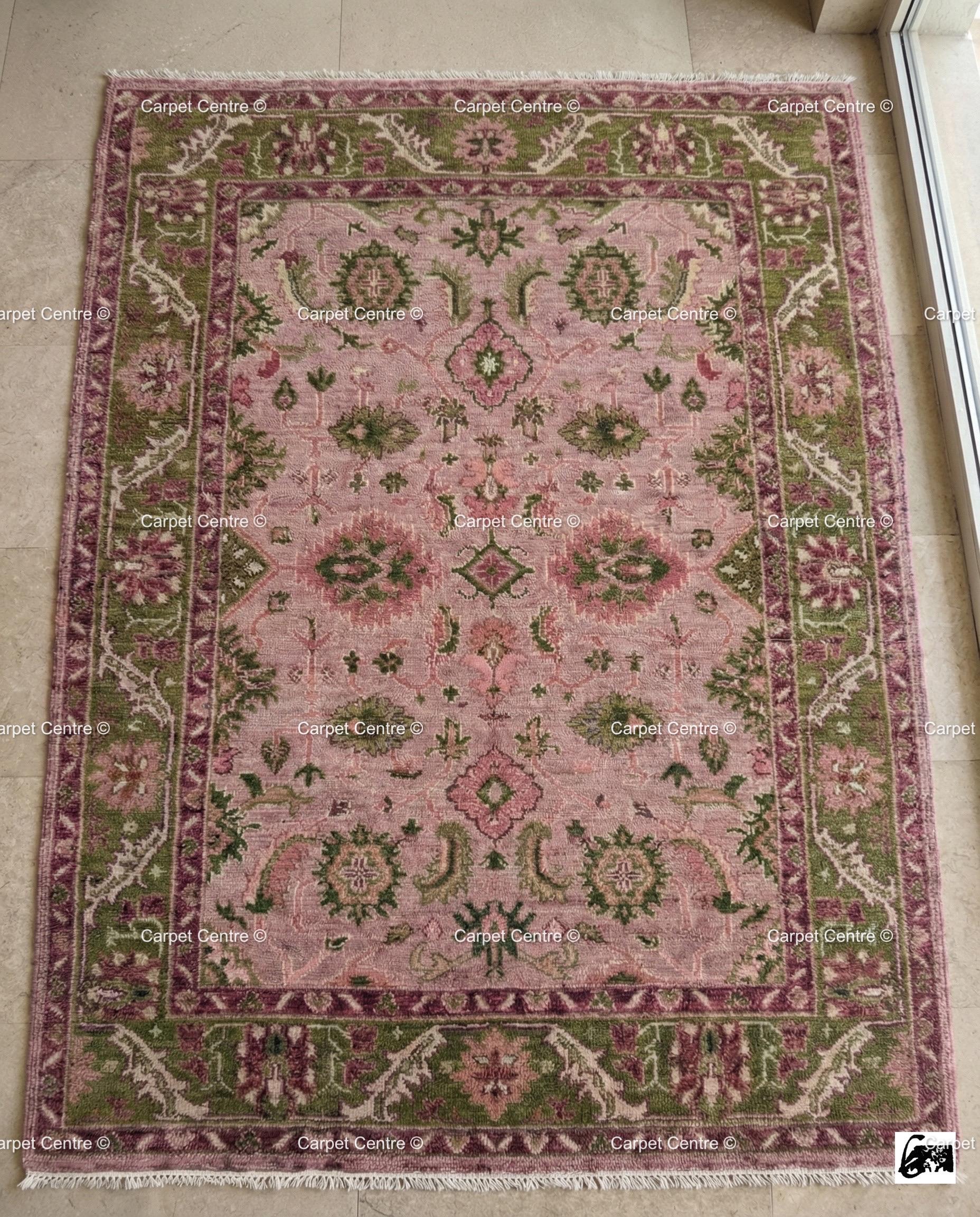 Hand Knotted Wool Oushak Rug – Rose Pink, Green Border, Turkish Floral Design