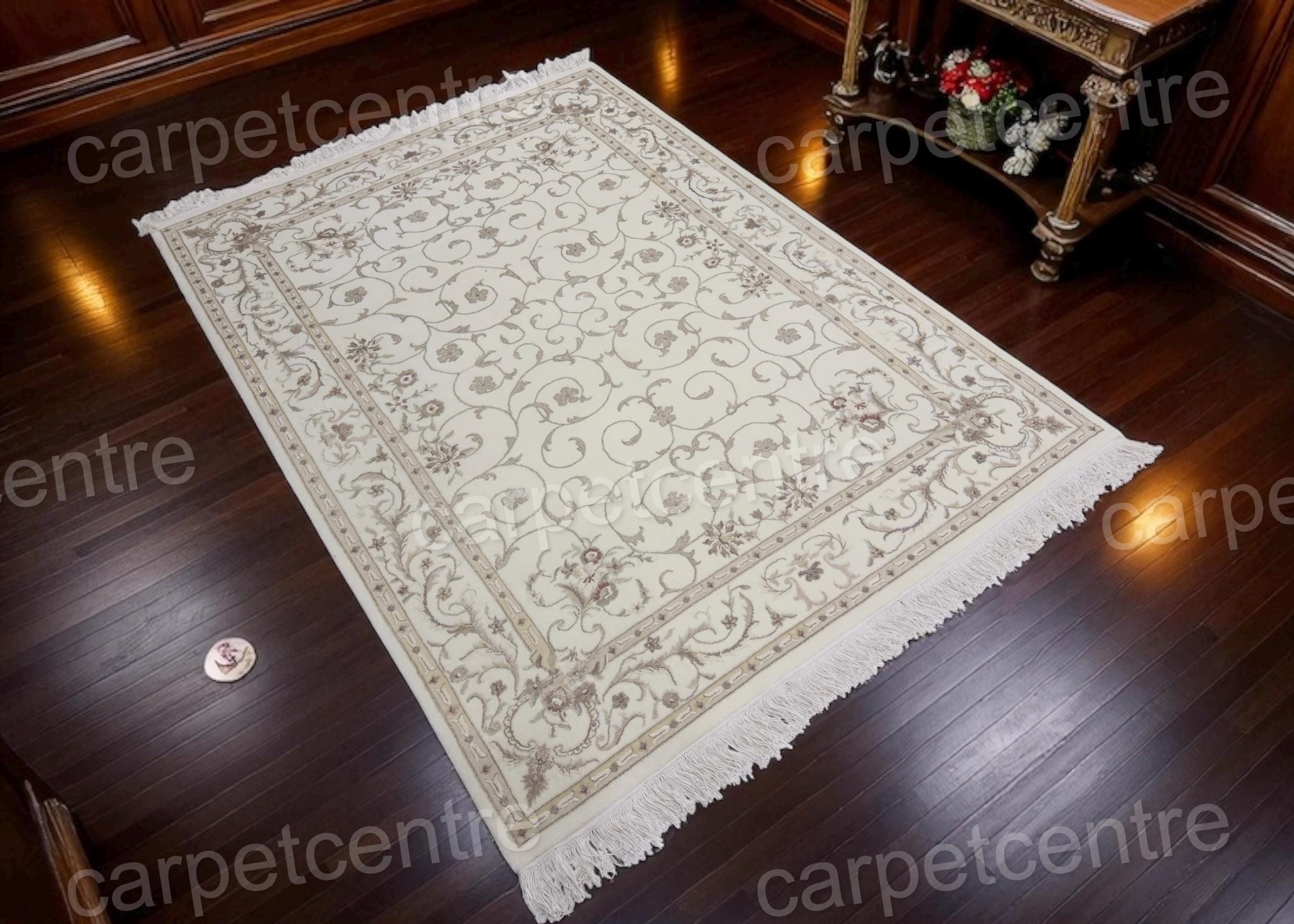Handwoven Ivory Wool Rug: Persian Floral Art Silk Design