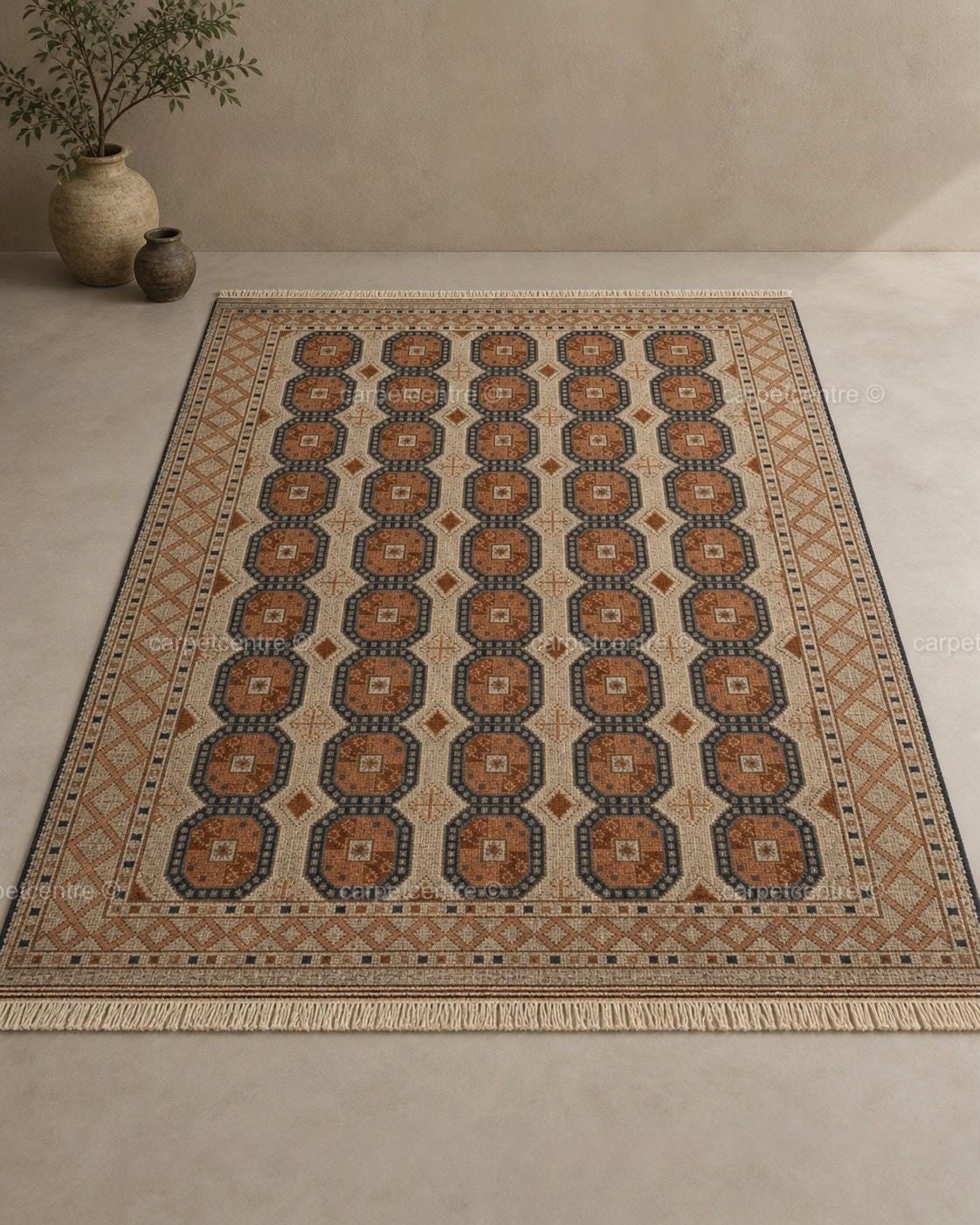 Vintage Oushak Rug, Rust Blue Geometric Hand Knotted Wool Turkish Carpet