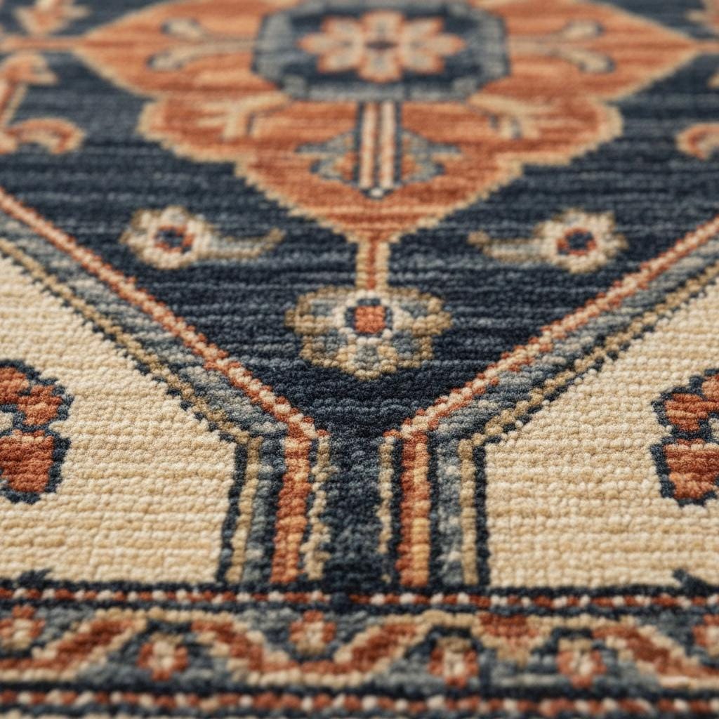 Hand-Knotted Wool Runner Rug, Navy Blue Terracotta Hexagon, Oushak Style