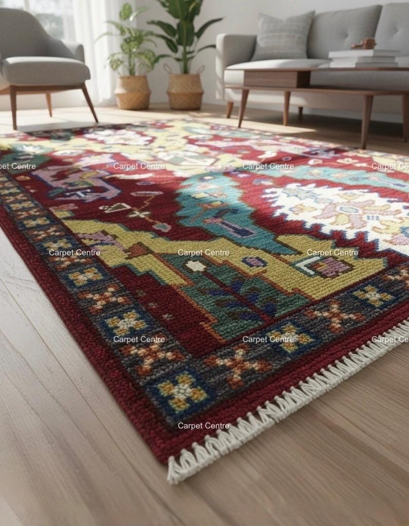 Red Oushak Rug, Hand-Knotted Wool, Geometric Kilim Design
