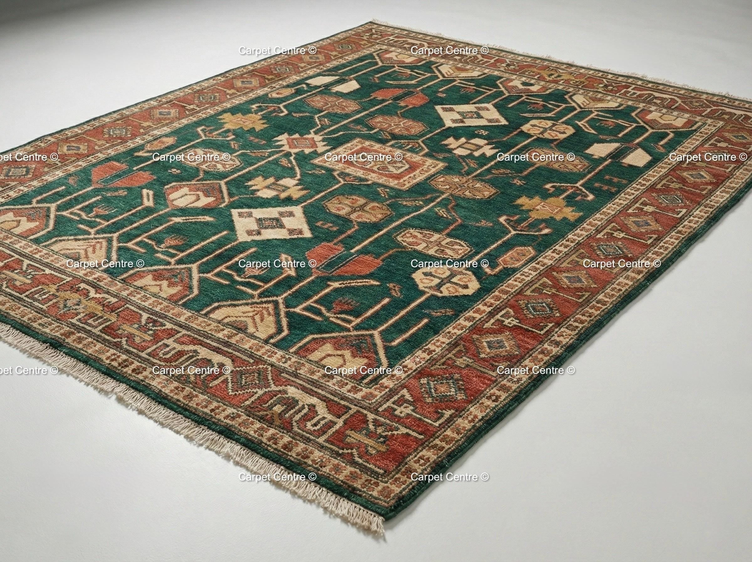 Green Hand Knotted Wool Oushak Rug – Turkish Vintage Tribal Decor