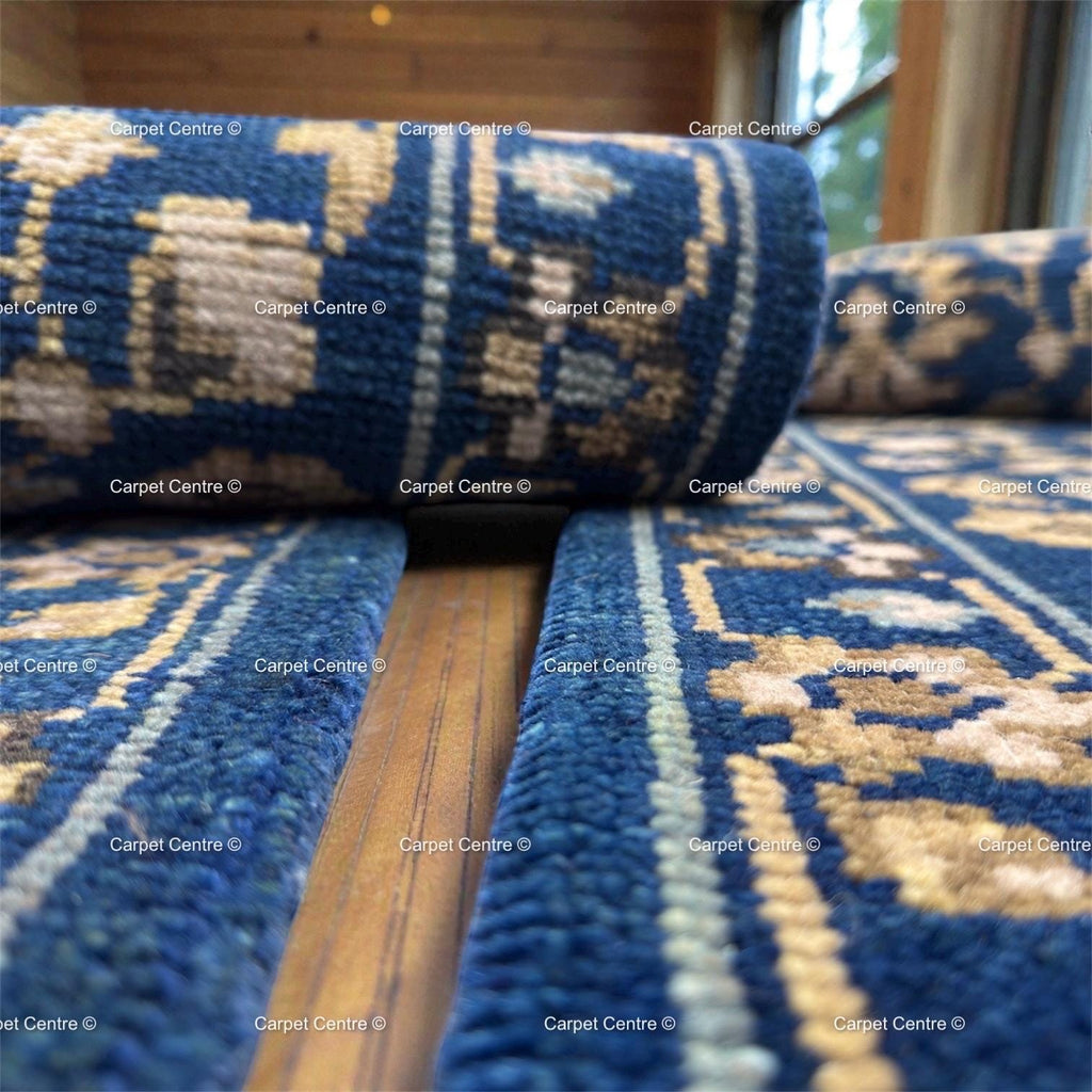 Hand-Knotted Wool Runner Rug | Navy Blue Oushak Floral Hallway Carpet