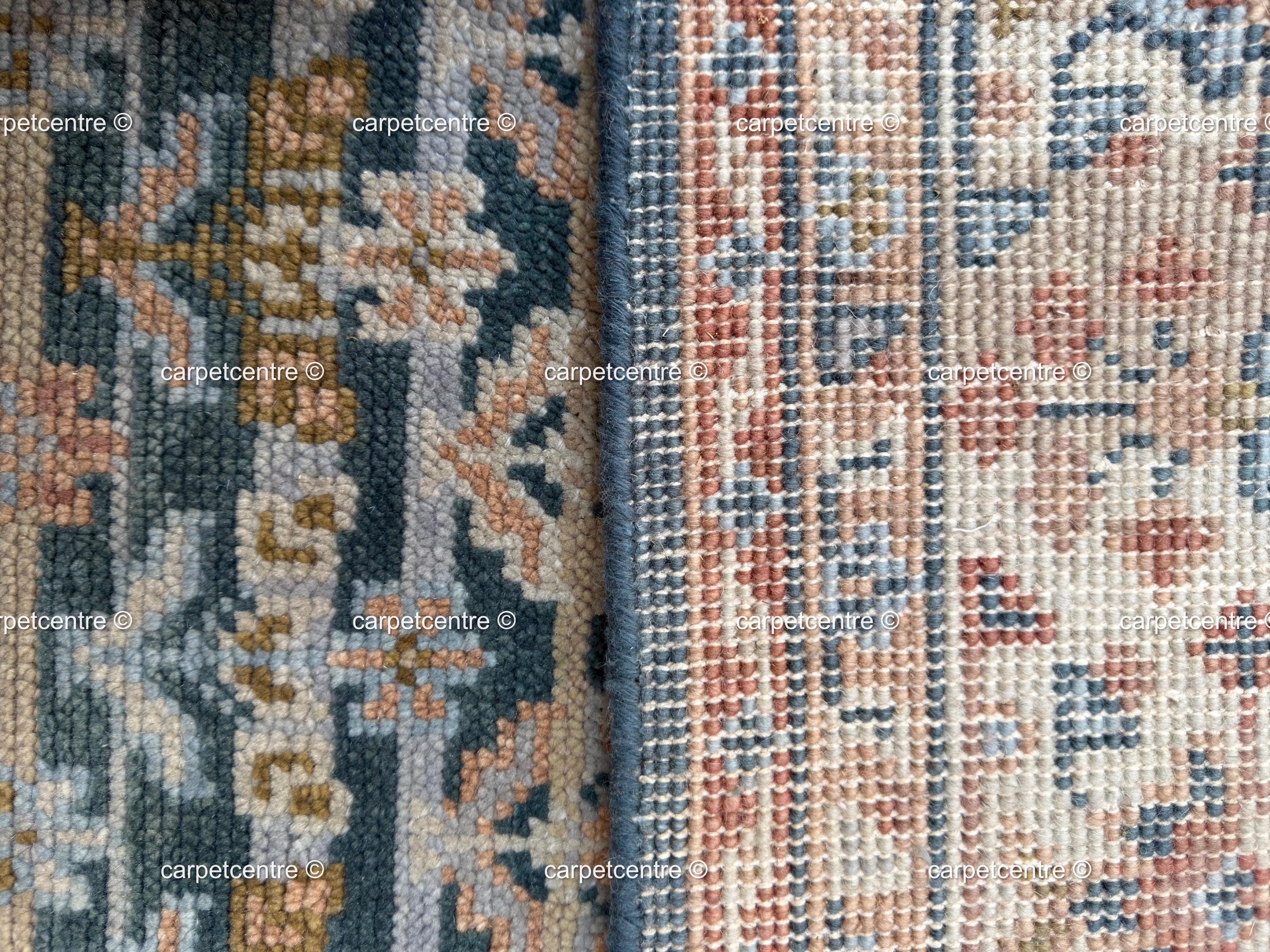 Hand Knotted Wool Oushak Rug, Teal Blue Rust Tribal Geometric (8'x10')