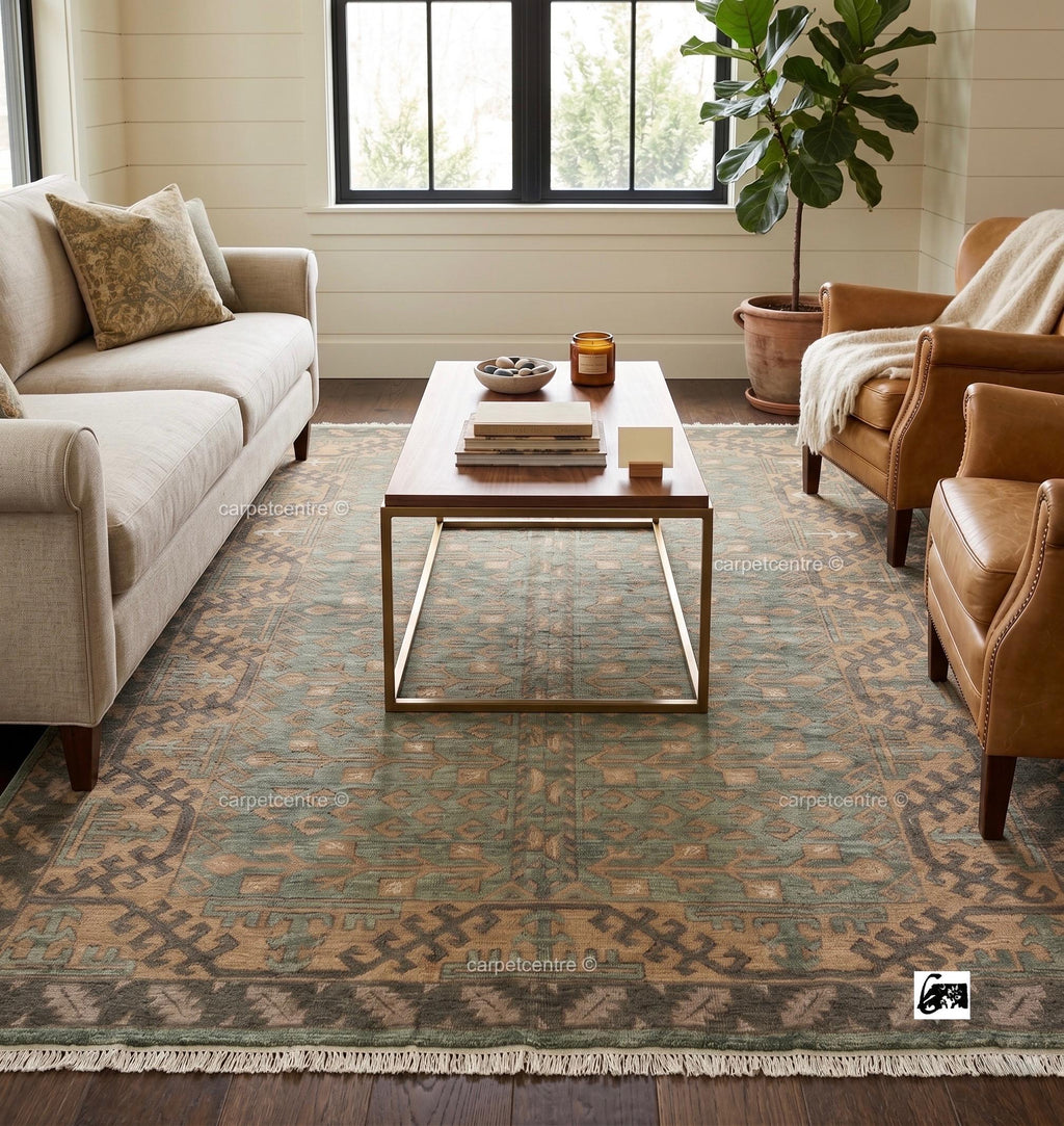 Hand Knotted Oushak Rug: Sage Green Tribal Wool, Turkish Artisan Design