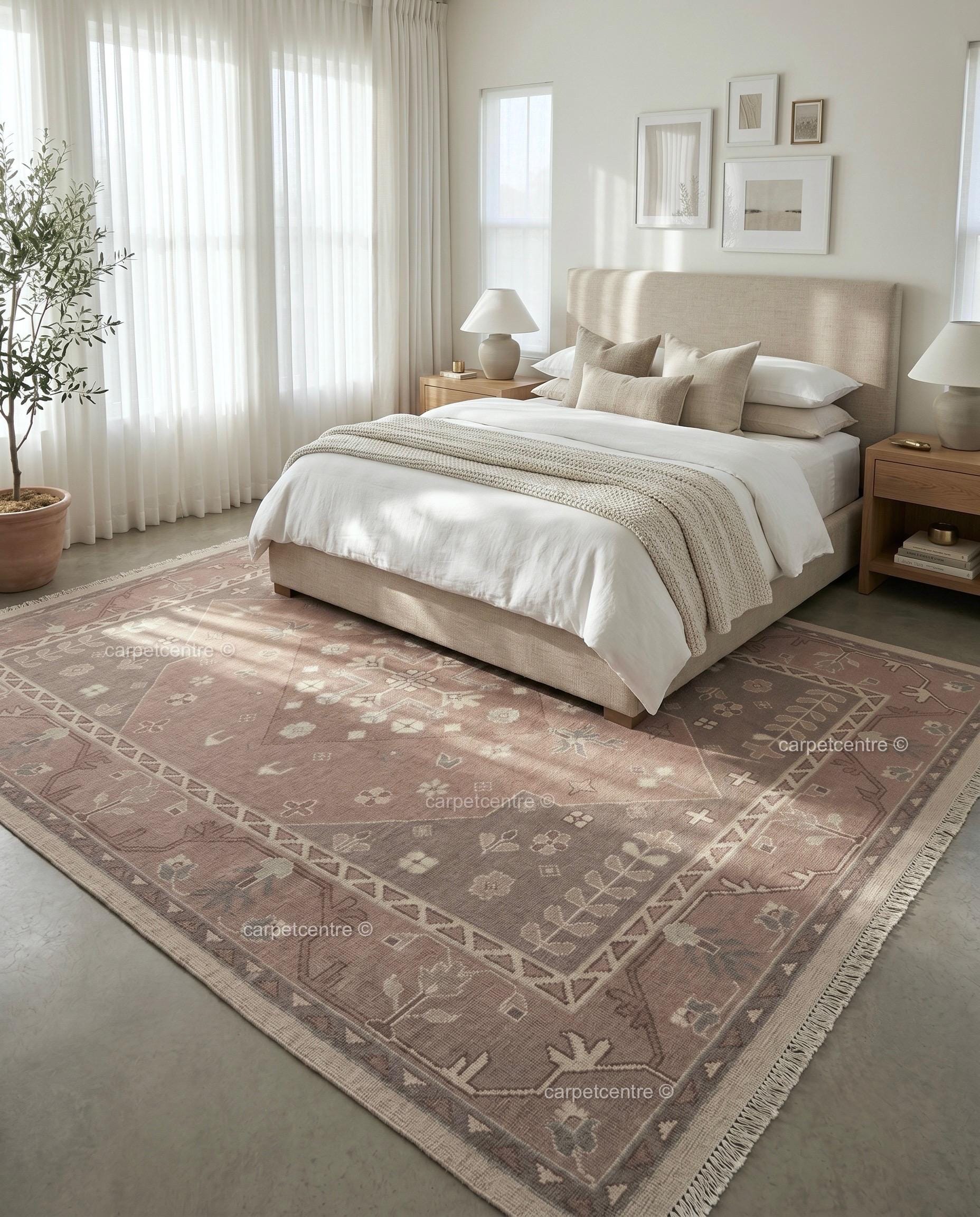 Hand Knotted Dusty Rose Oushak Rug, New Zealand Wool Area Rug