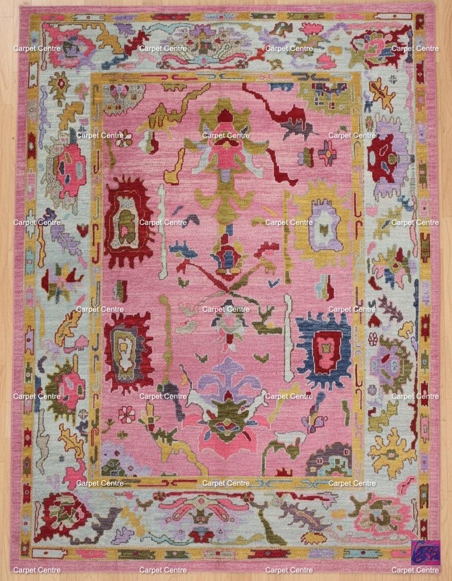 Pink Abstract Oushak Rug | Hand-Knotted Wool, Custom Sizes