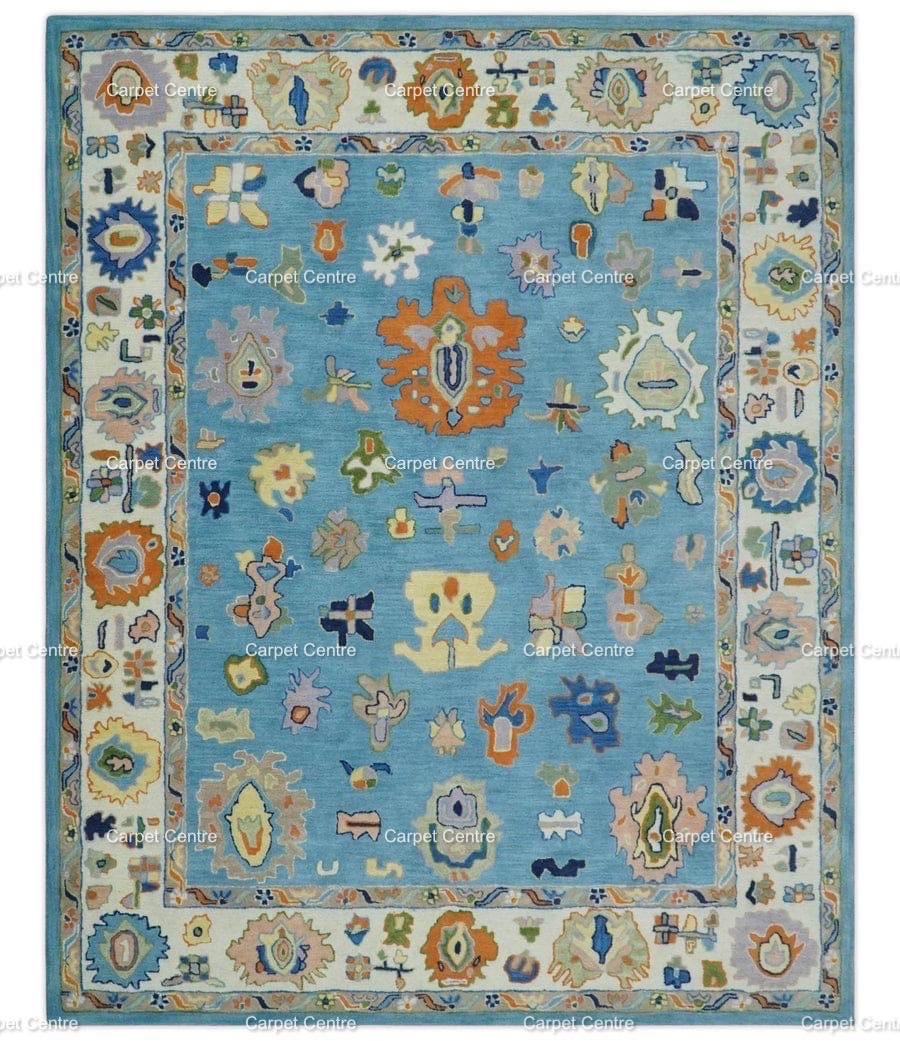 Hand-Knotted Light Blue Oushak Wool Rug, Eclectic Boho Style