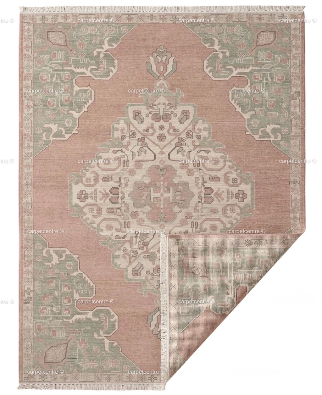 Hand Knotted Oushak Rug: Dusty Rose, Sage Green, New Zealand Wool Carpet