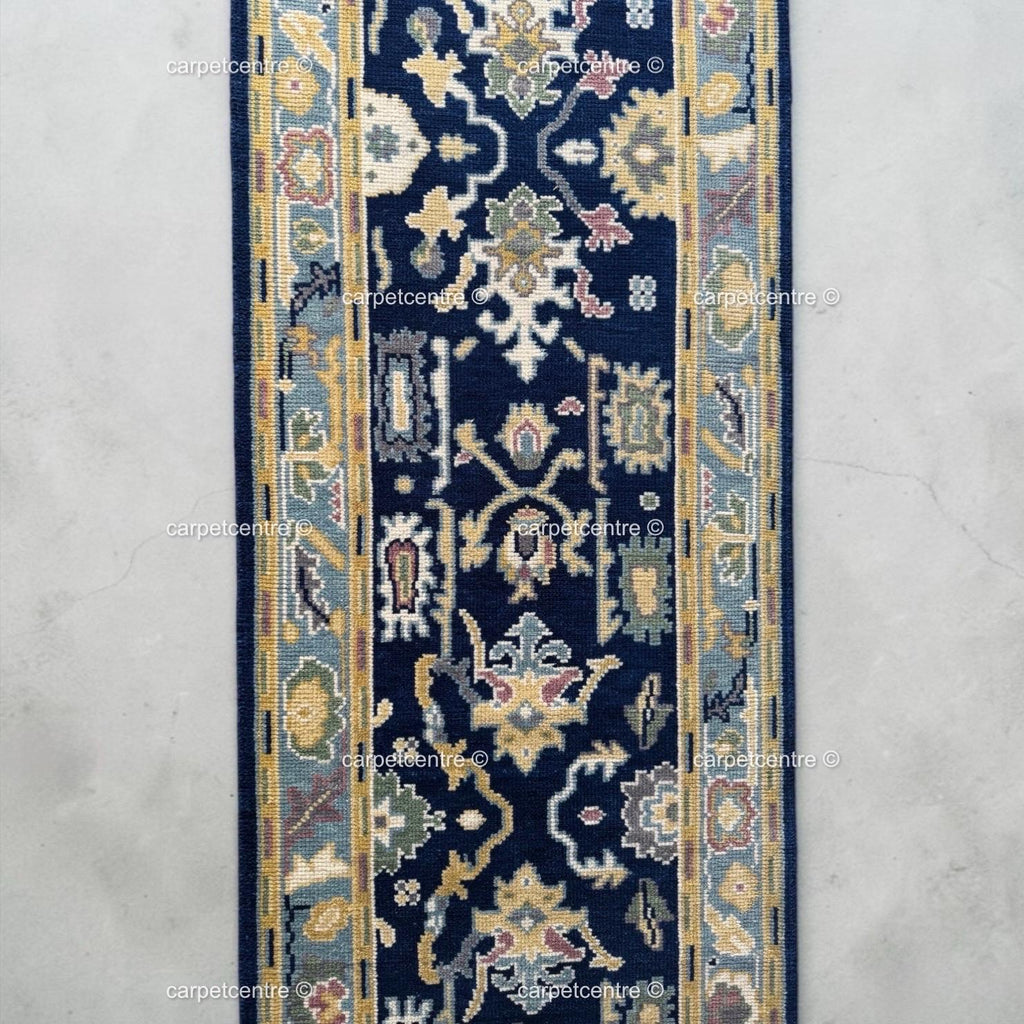 Handmade Navy Blue Oushak Runner Rug | Floral Hallway Entryway Wool Rug