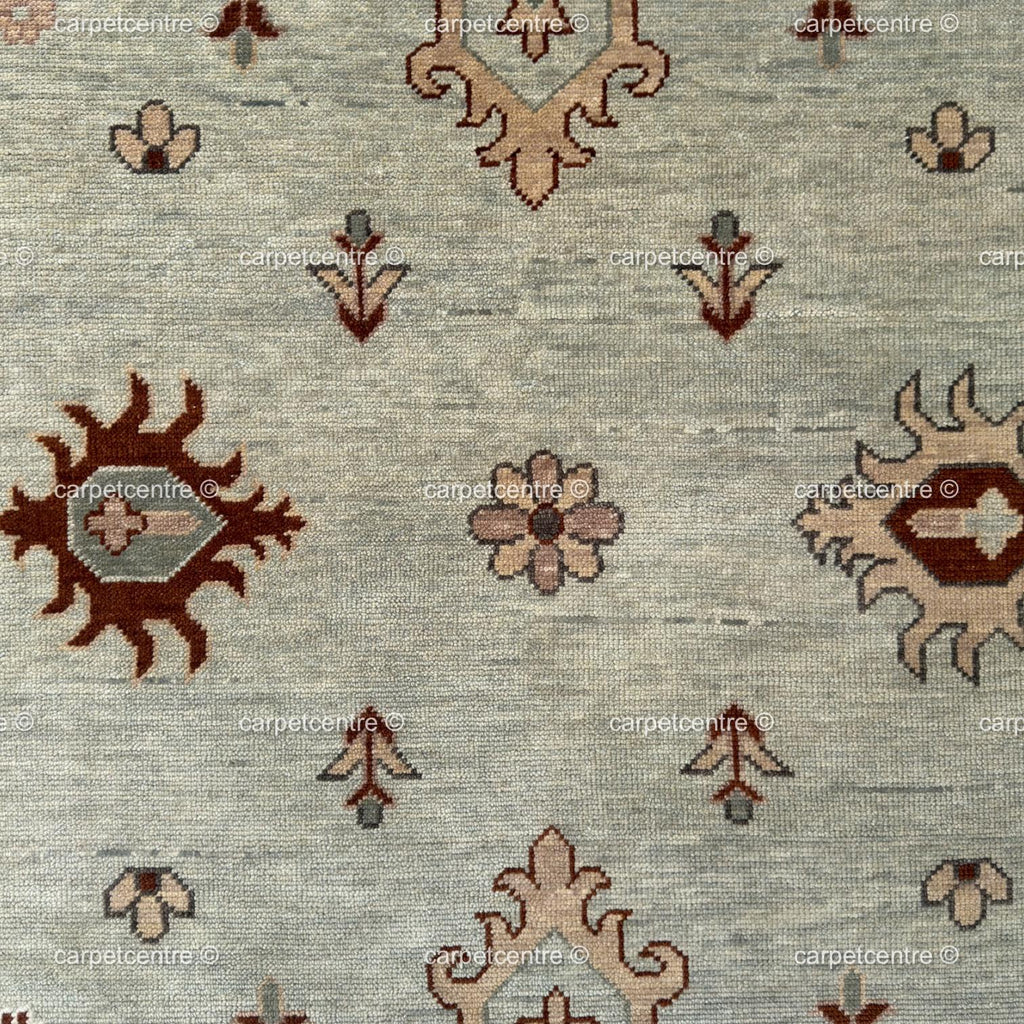 Hand Knotted Wool Oushak Rug, Mint Green Floral Turkish Carpet, Rust Border Area Rug