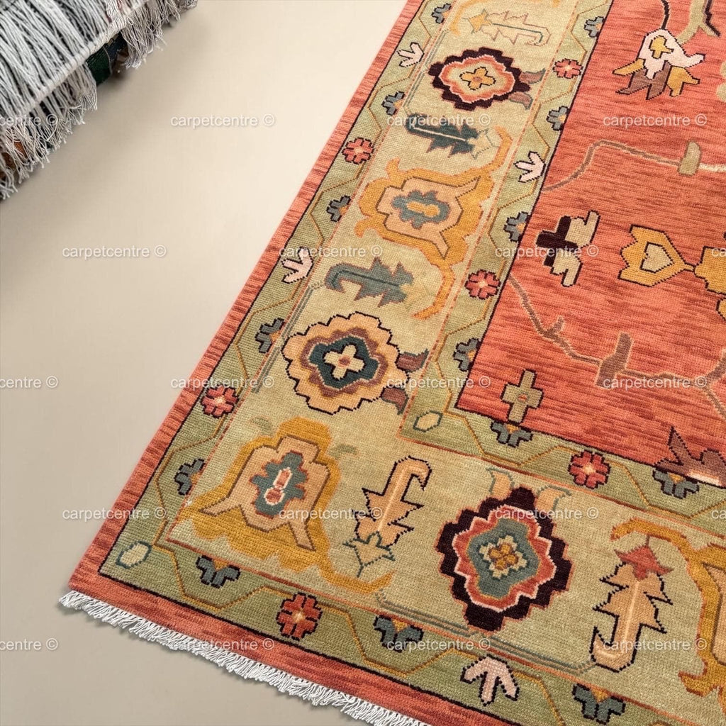 Hand-Knotted Wool Oushak Rug, Terracotta Floral, Sage Green Border, Farmhouse Style