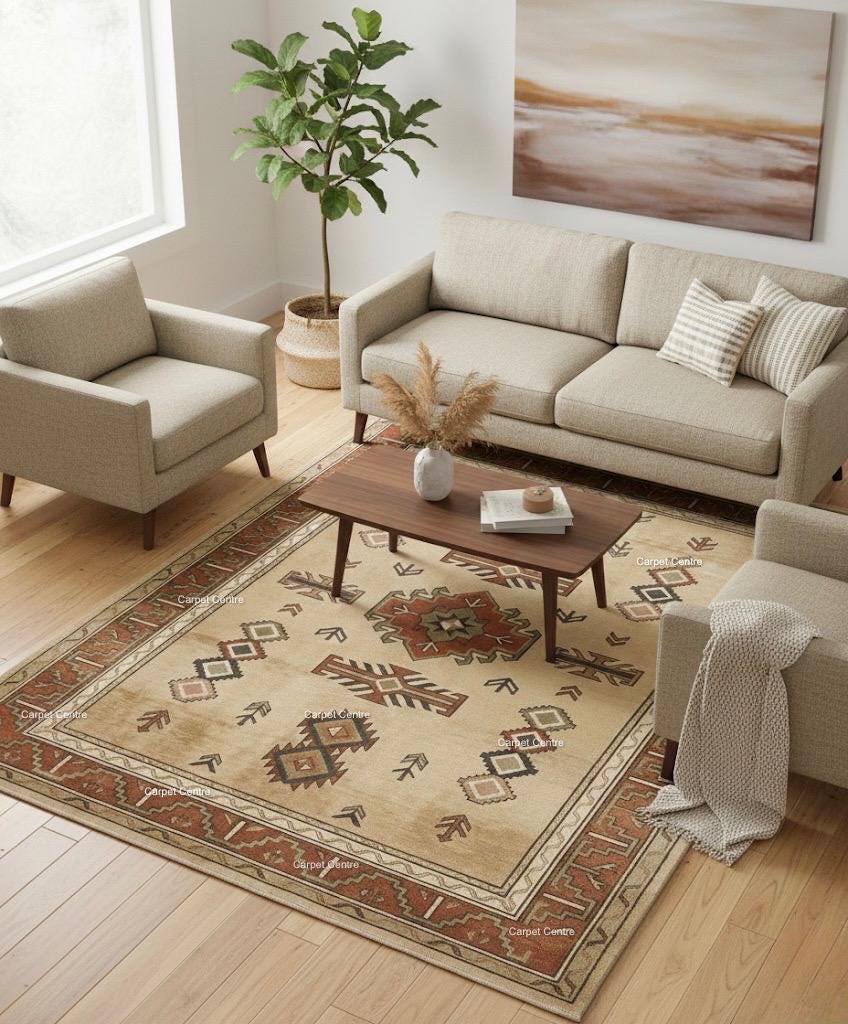 Hand-Knotted Wool Oushak Rug, Beige Geometric Tribal Design
