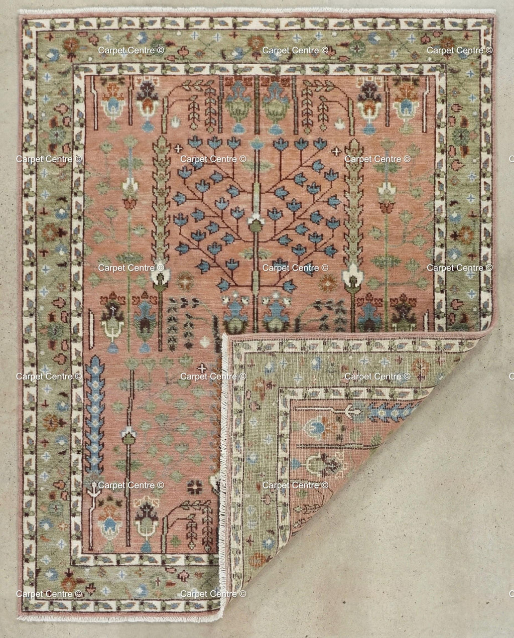 Handmade Oushak Wool Rug – Terracotta Coral, Tree of Life Design