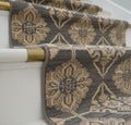 Hand-Knotted Wool Runner Rug, Charcoal Gray Oushak Style, Geometric Medallion