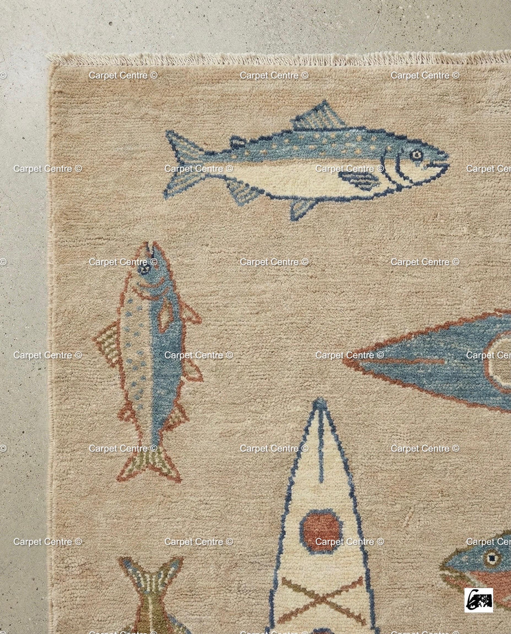 Hand-Knotted Turkish Wool Oushak Rug, Canoe & Fish Design