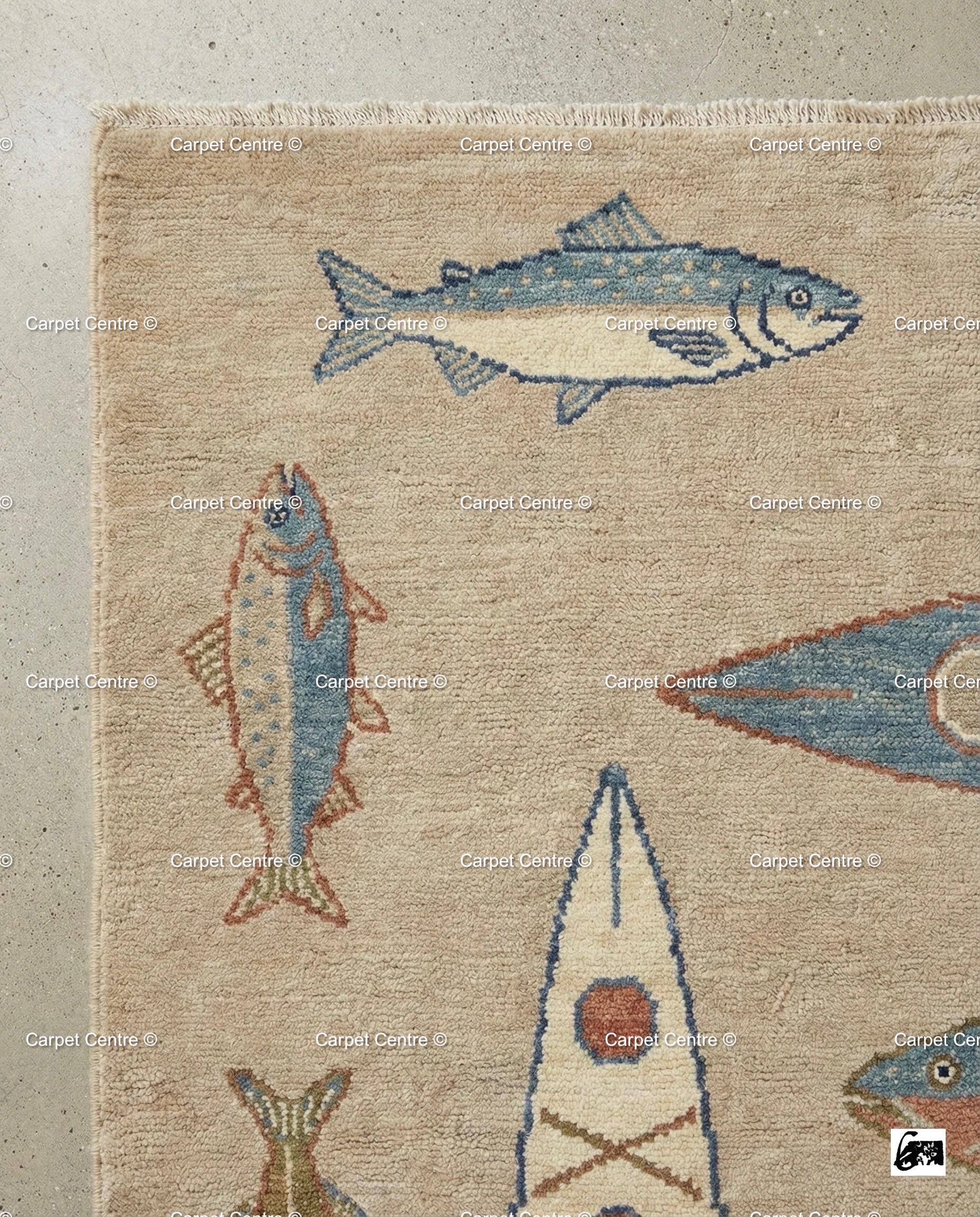 Hand-Knotted Turkish Wool Oushak Rug, Canoe & Fish Design
