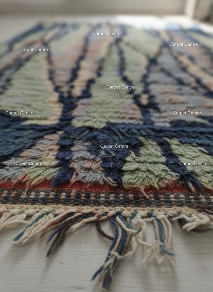 Handmade Moroccan Shag Rug, Navy Blue, Sage Green, Wool Tulu Rug