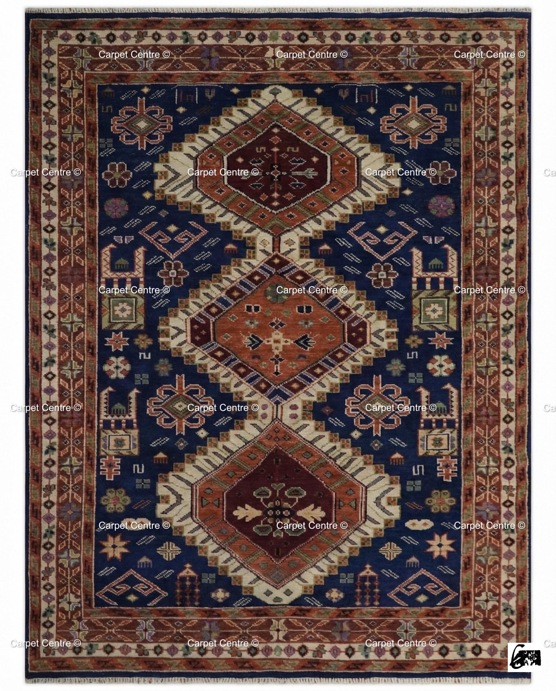 Hand Knotted Wool Oushak Rug – 9x12 Navy Blue & Rust Tribal Medallion