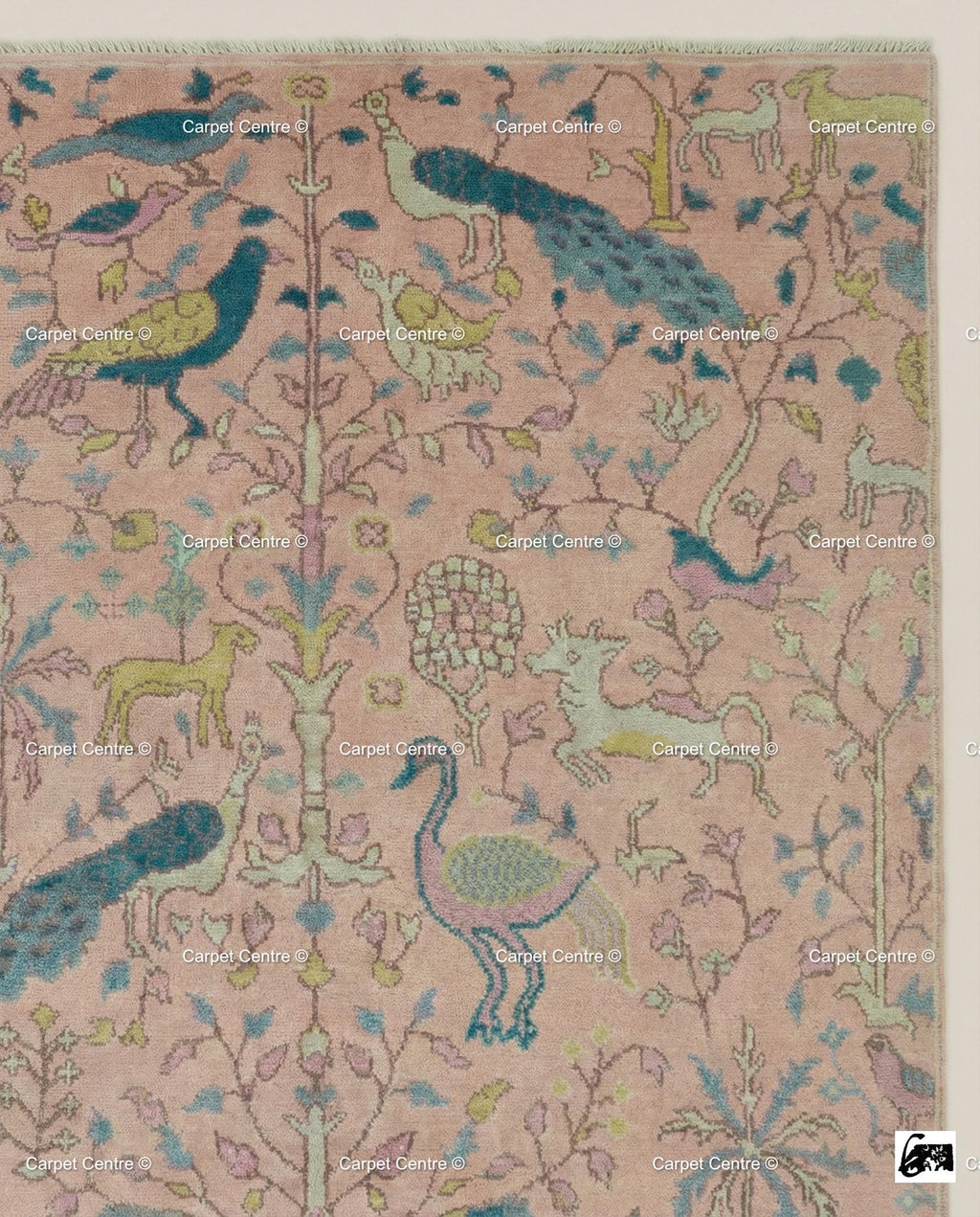 Blush Pink Wool Oushak Rug, Hand-Knotted Tree of Life Animal Nursery Rug