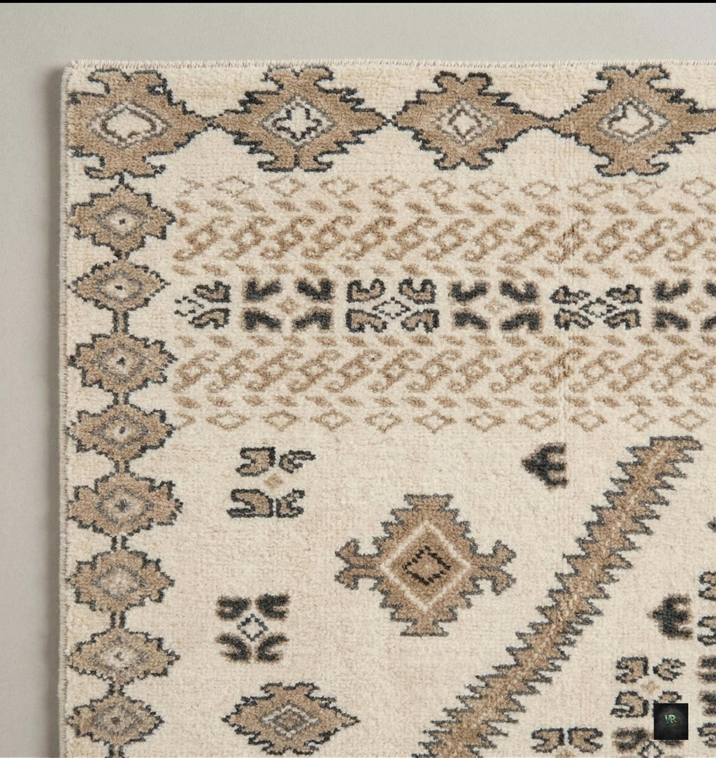 Hand-Knotted Oushak Wool Rug, Neutral Geometric Tribal Carpet, 8x10 9x12
