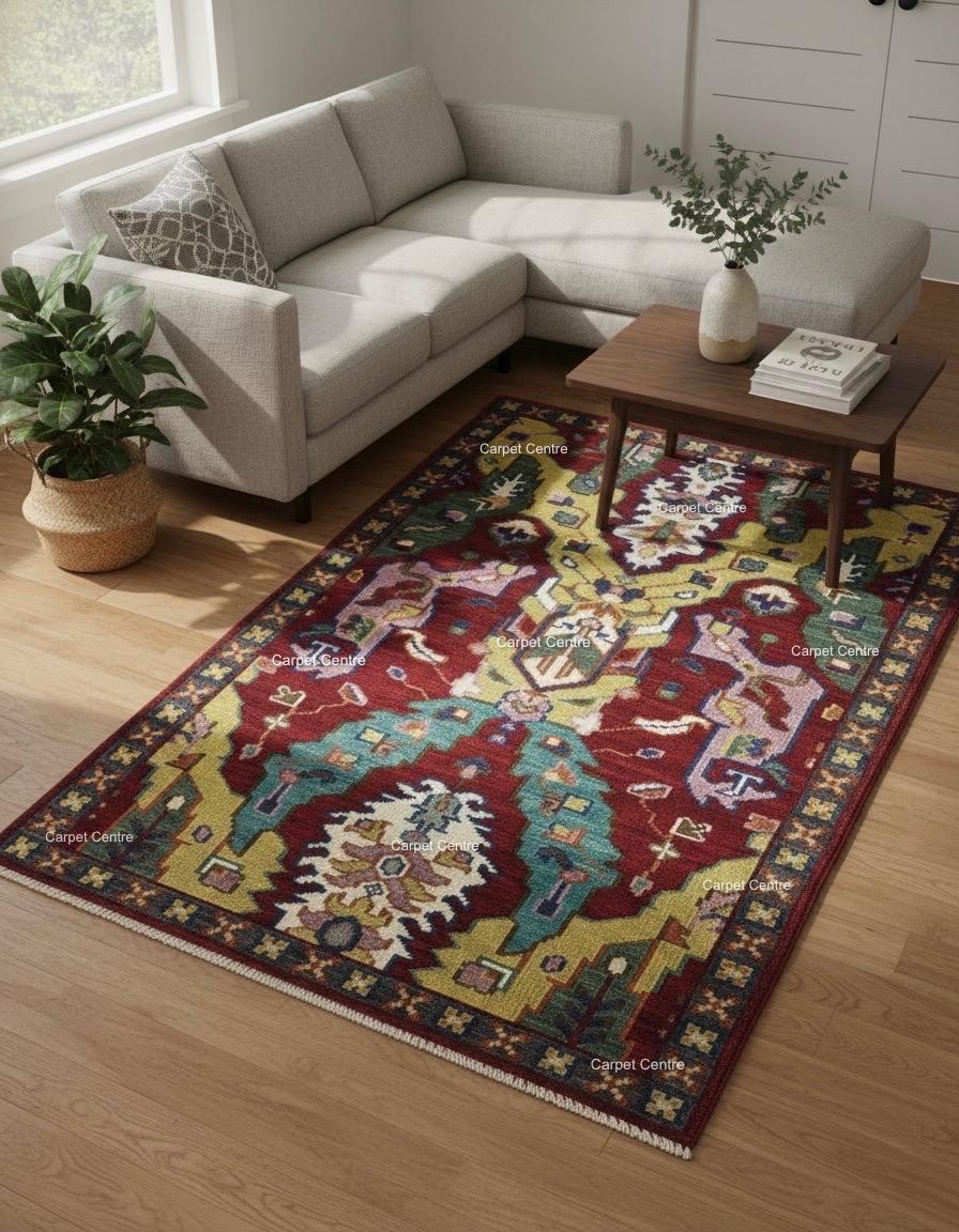 Red Oushak Rug, Hand-Knotted Wool, Geometric Kilim Design