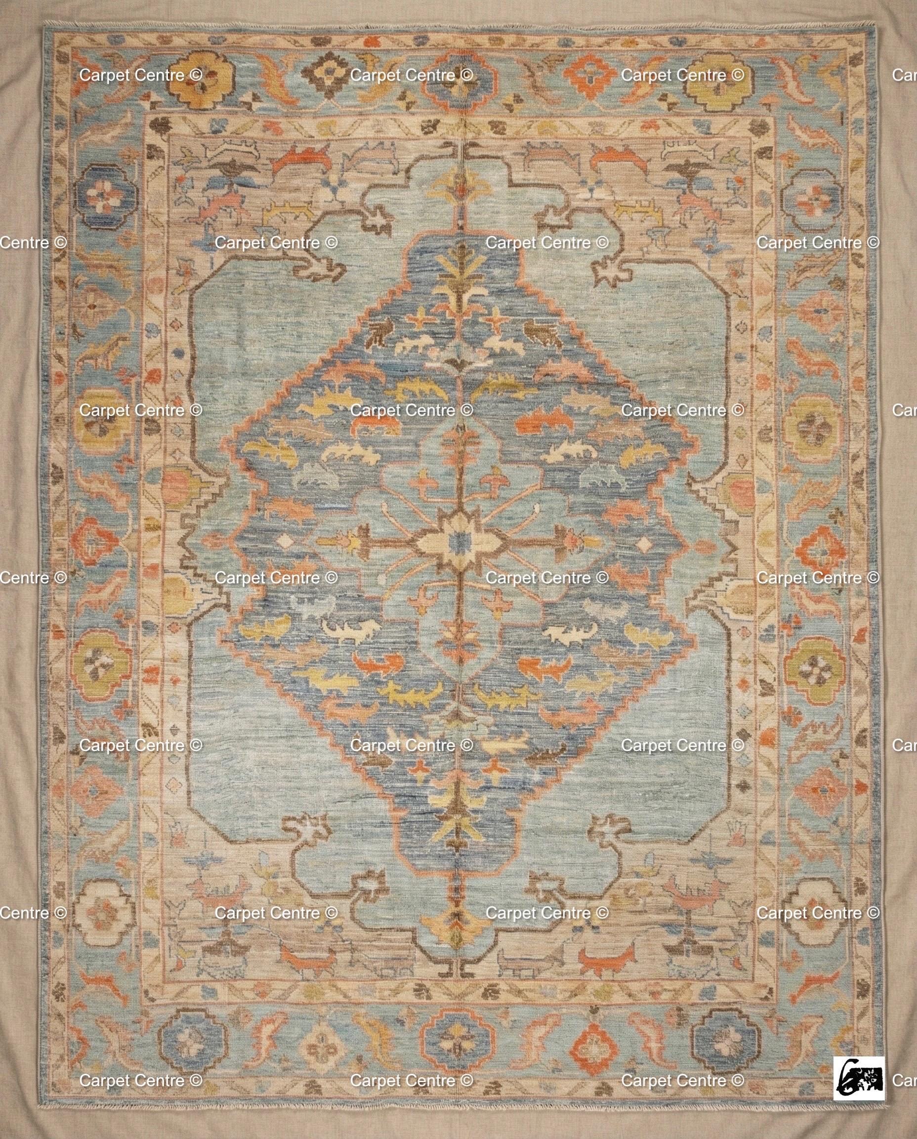 Handmade Oushak Wool Rug, Blue & Coral Medallion, Turkish Knot