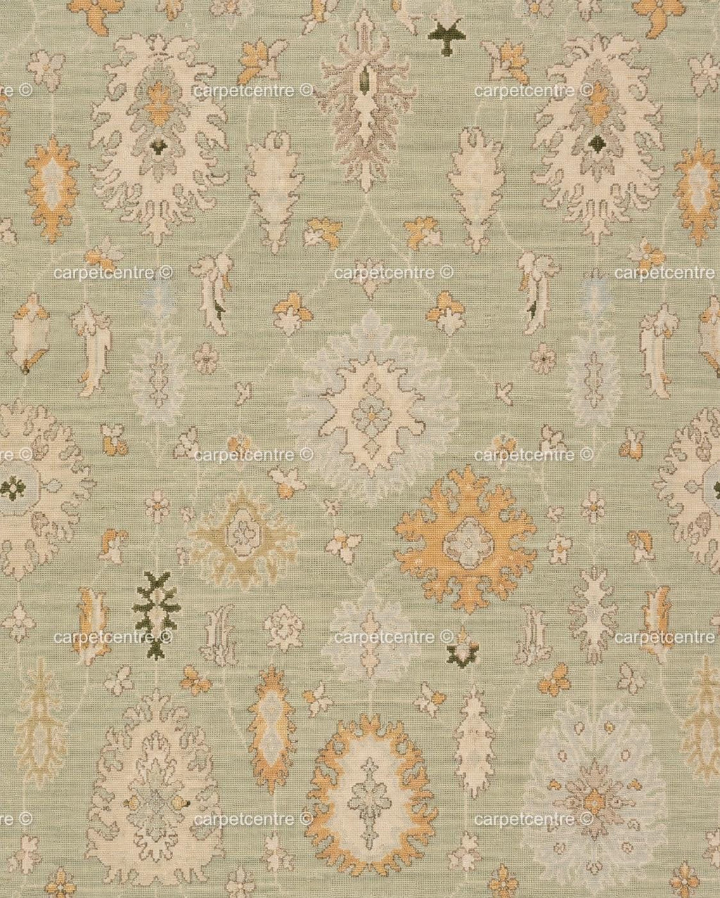 Hand Knotted Oushak Rug, Sage Green Peach Floral Wool Carpet, Turkish Style Area Rug
