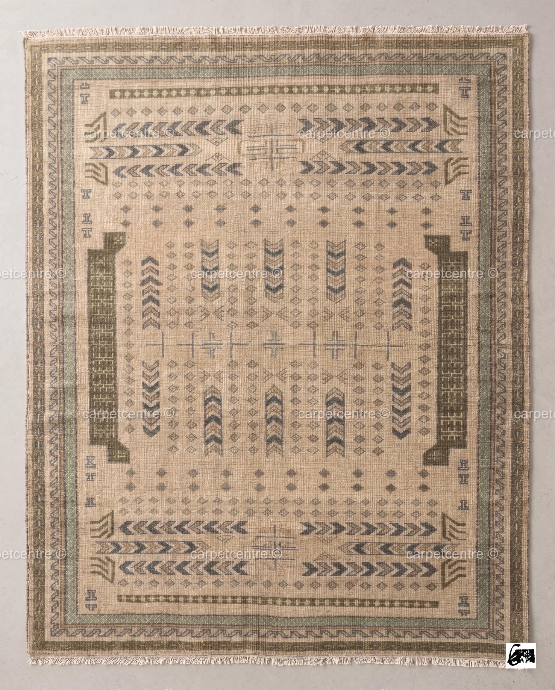 Beige Sage Green Oushak Rug | Vintage Turkish Geometric Tribal Carpet | Boho Farmhouse Decor