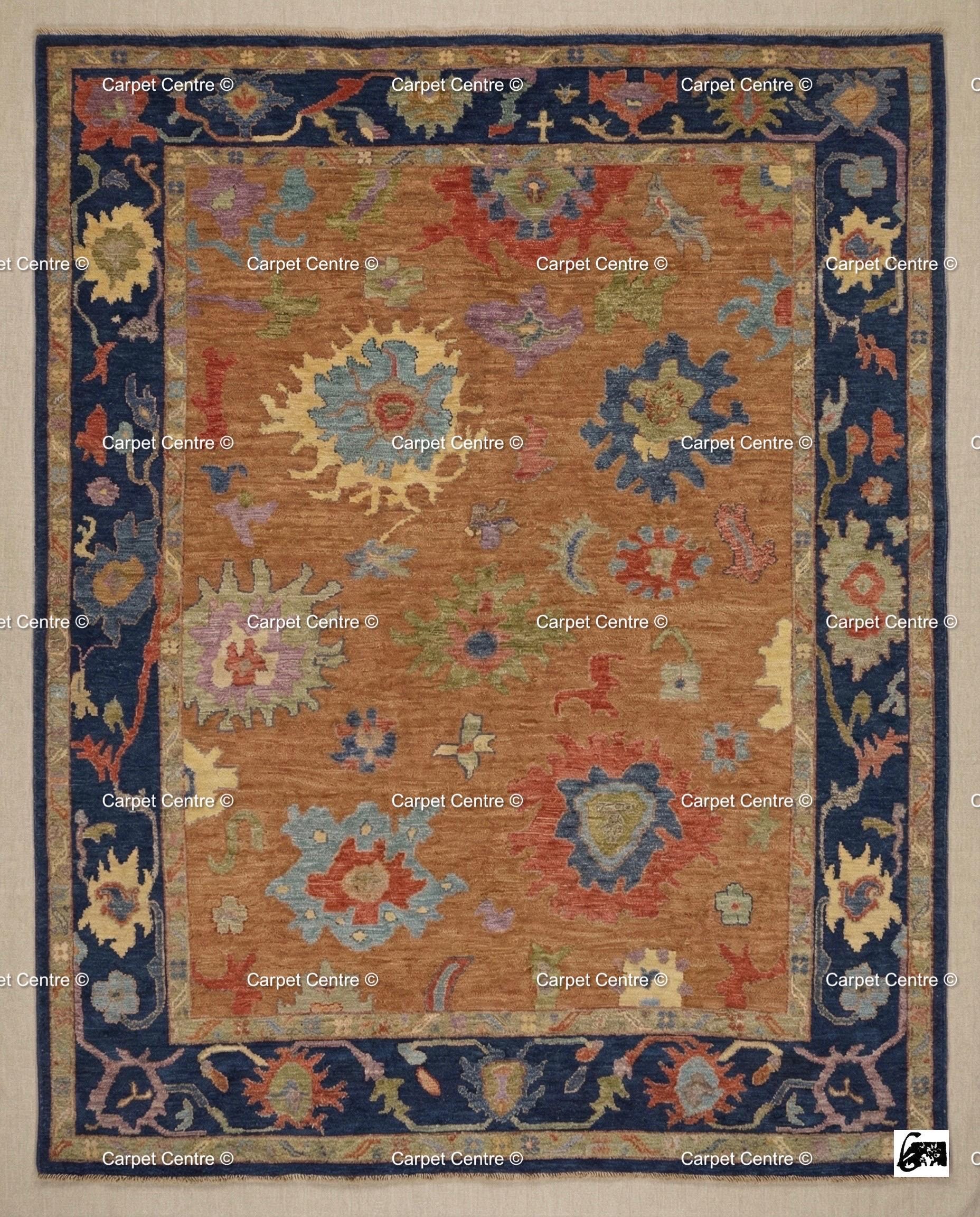 Hand Knotted Wool Oushak Rug – Rust Orange & Navy, Turkish Knot