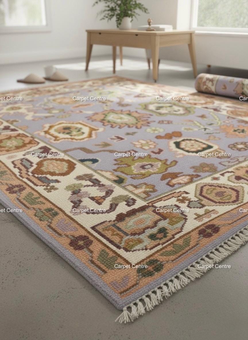 Lavender Oushak Rug, Hand-Knotted Wool Area Rug, Modern Boho Style