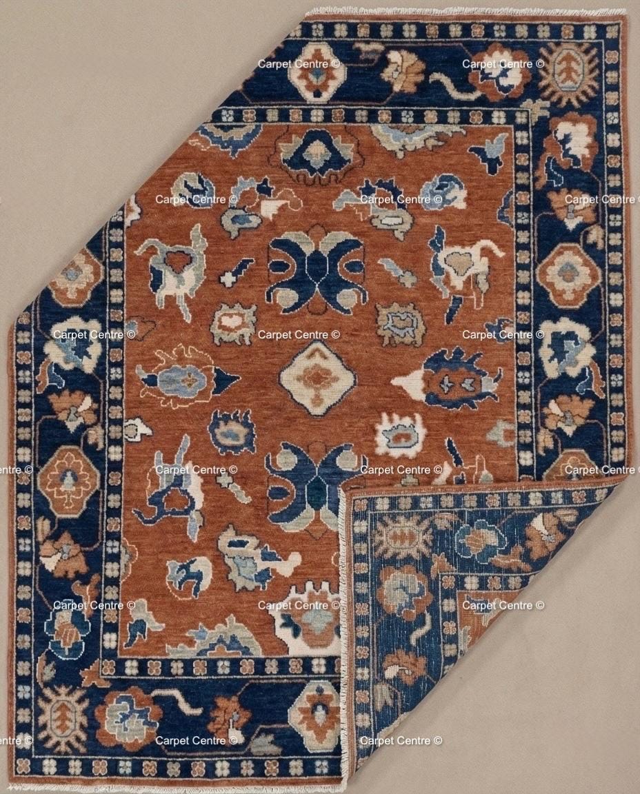 Rust Orange Oushak Rug, Navy Border, Hand Knotted Wool Carpet