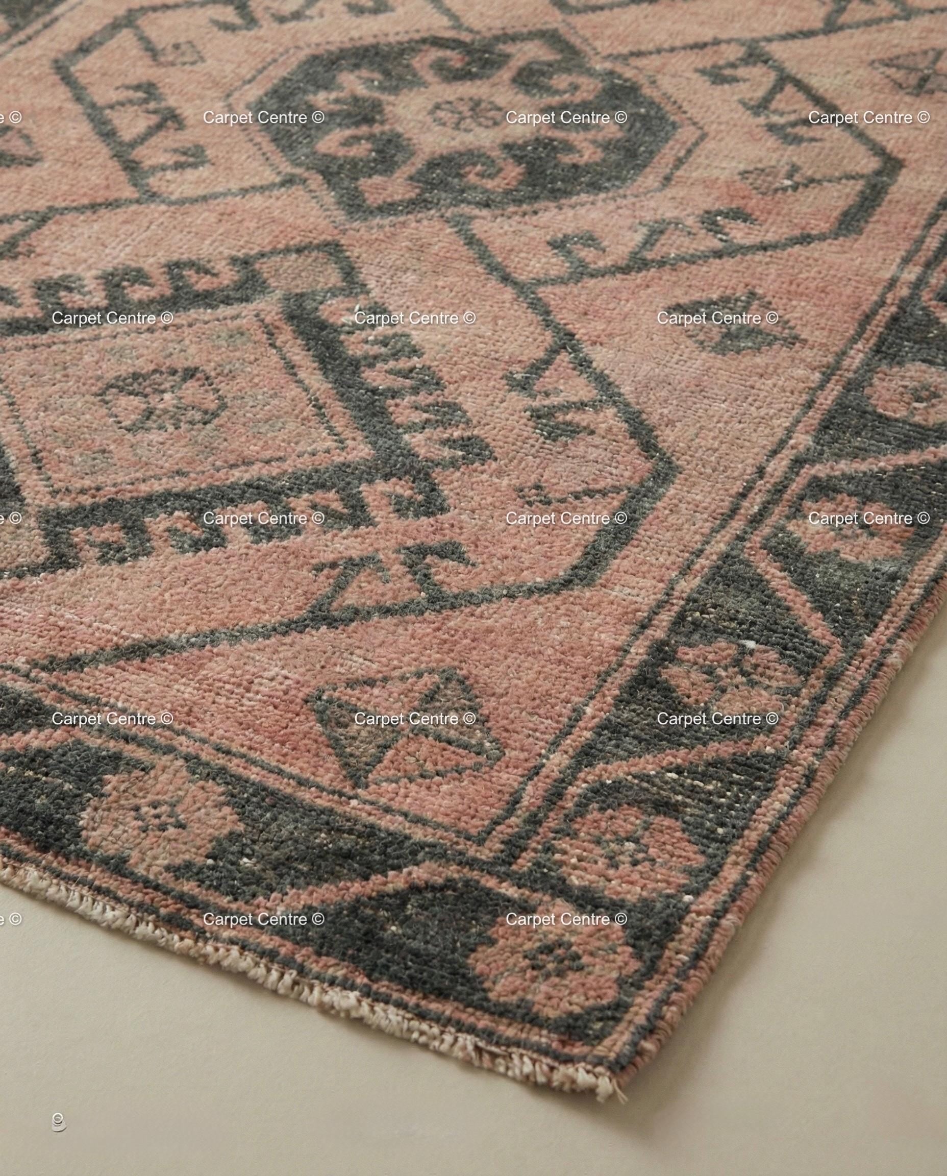 Muted Pink Oushak Turkish Runner, Hand-Knotted Wool Geometric Rug, Boho Hallway Mat