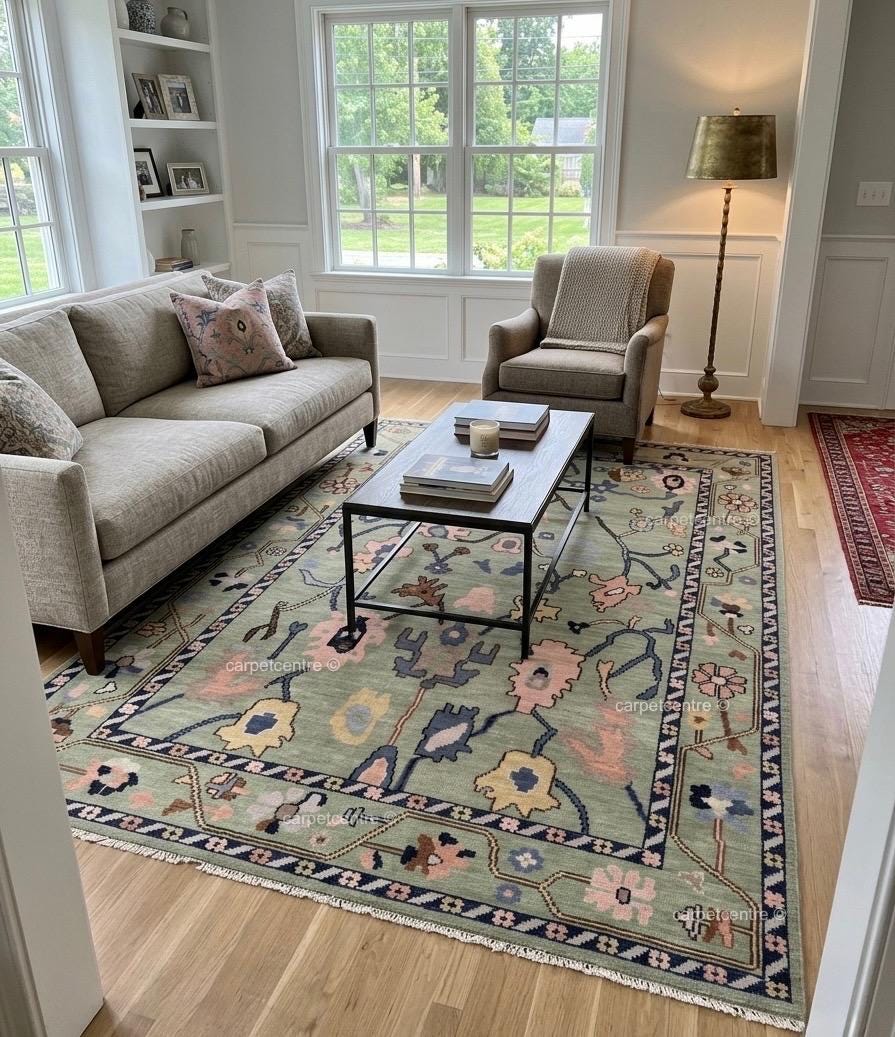 Hand Knotted Sage Green Oushak Wool Rug, Floral Botanical Area Rug