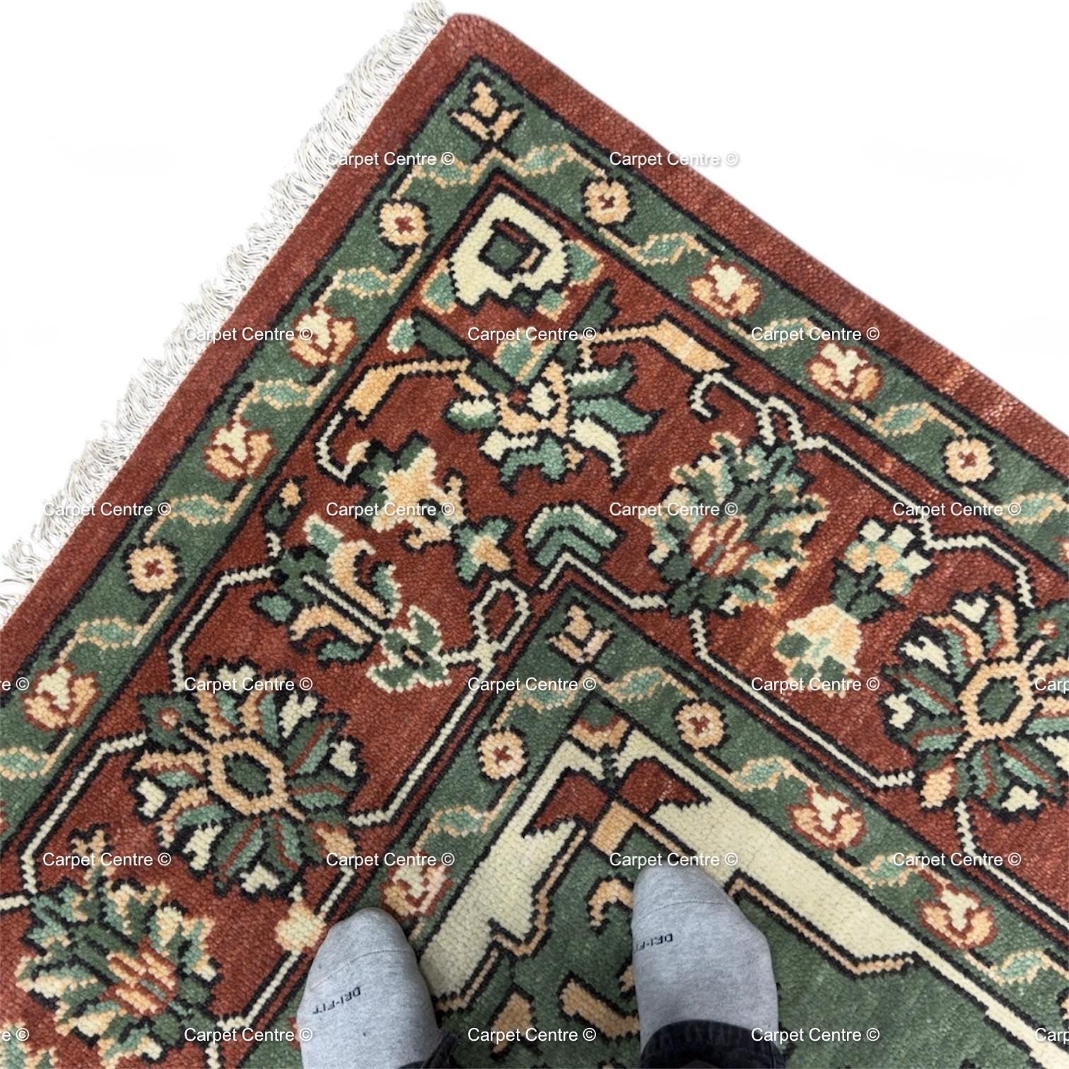 Hand Knotted Kazak Wool Area Oriental Geometric Green and Rust Carpet