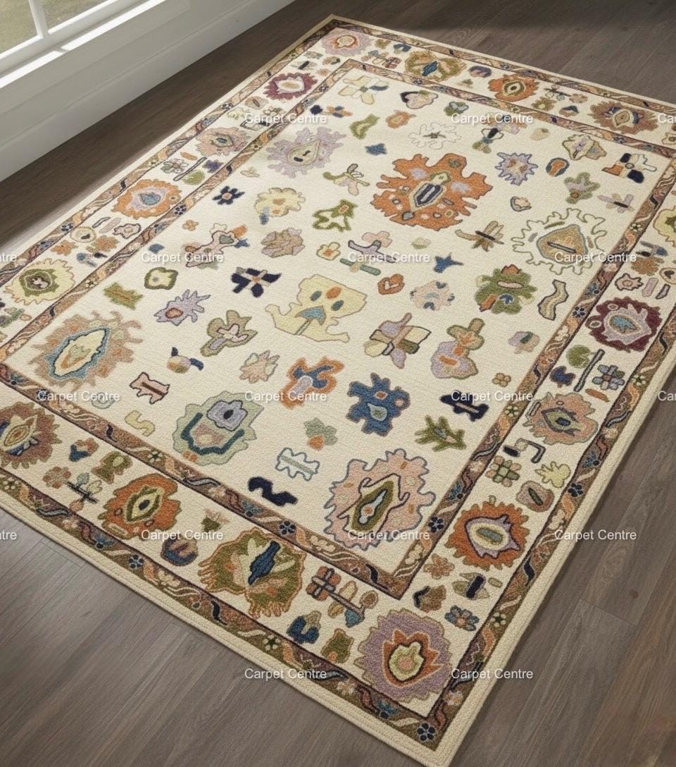 Hand-Knotted Ivory Oushak Wool Rug, Colorful Boho Floral, 8x10